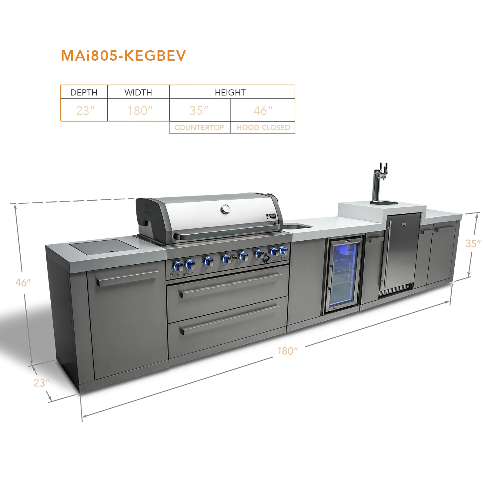 Mont Alpi Original Series MAi805-KEGBEV - 15 Ft Propane Outdoor Kitchen Island w/ Side Burner, Beverage Center, & Kegerator - Image 2