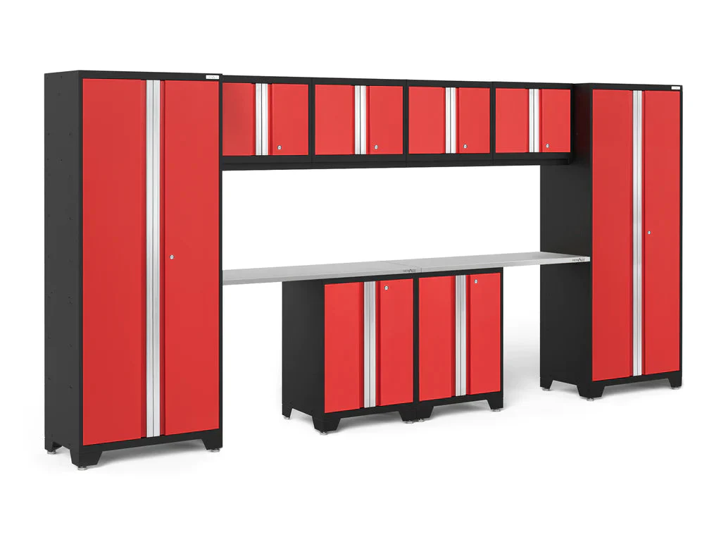 NewAge Bold Series 10 Piece Cabinet Set with Base, Wall Cabinet, 30 in. Locker and Worktop Red Stainless Steel