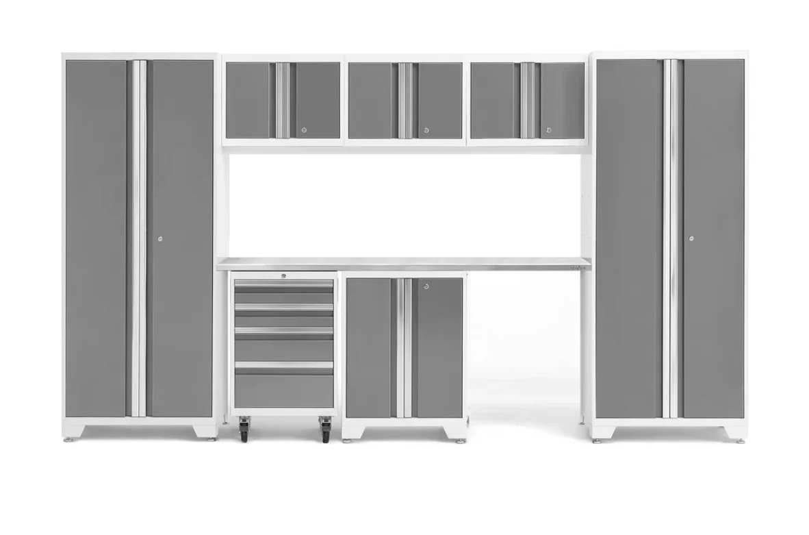 NewAge Garage Cabinets BOLD Series Platinum 8-Piece Set with Stainless Steel Top - 54931