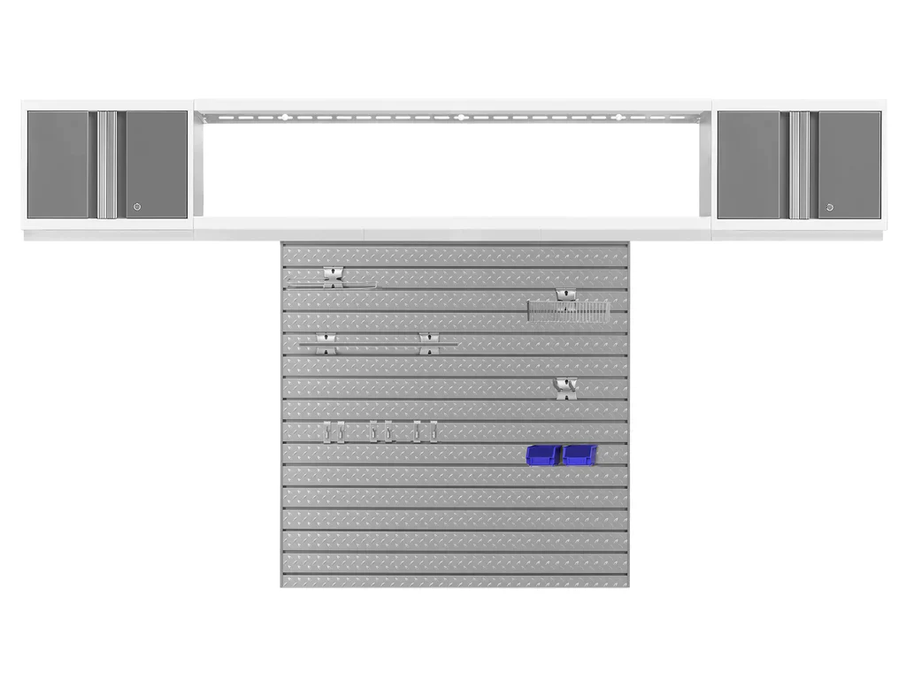 NewAge Products Bold Series 3 Piece Cabinet Set with Slatwall, Wall Cabinets and 72 in. Display Shelf