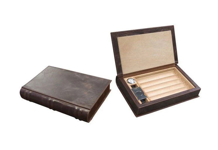 Prestige Import Group Novelist Brown Leather Book Travel Humidor with Tray, Hygrometer, Cutter