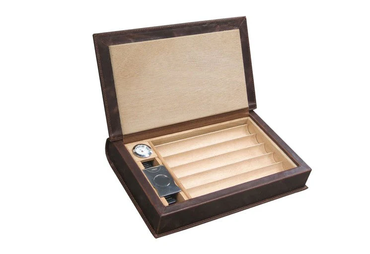 Prestige Import Group Novelist Brown Leather Book Travel Humidor with Tray, Hygrometer, Cutter - Image 3