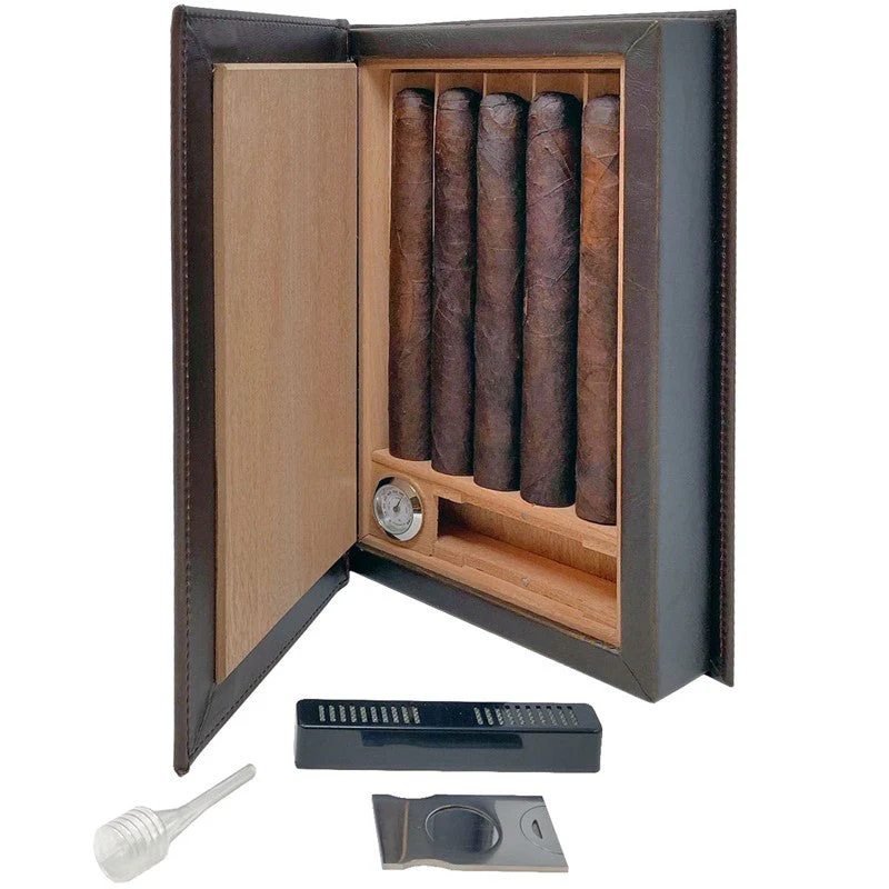 Prestige Import Group Novelist Brown Leather Book Travel Humidor with Tray, Hygrometer, Cutter - Image 5