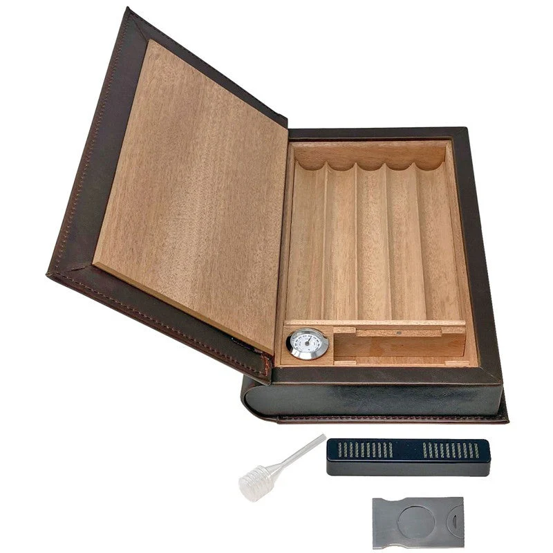 Prestige Import Group Novelist Brown Leather Book Travel Humidor with Tray, Hygrometer, Cutter - Image 7