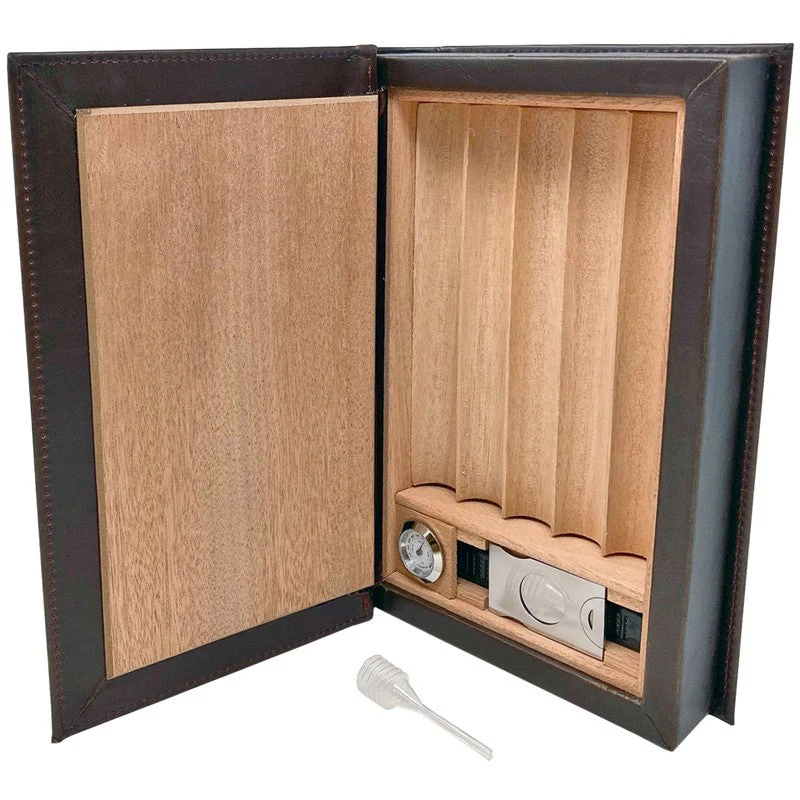 Prestige Import Group Novelist Brown Leather Book Travel Humidor with Tray, Hygrometer, Cutter - Image 8