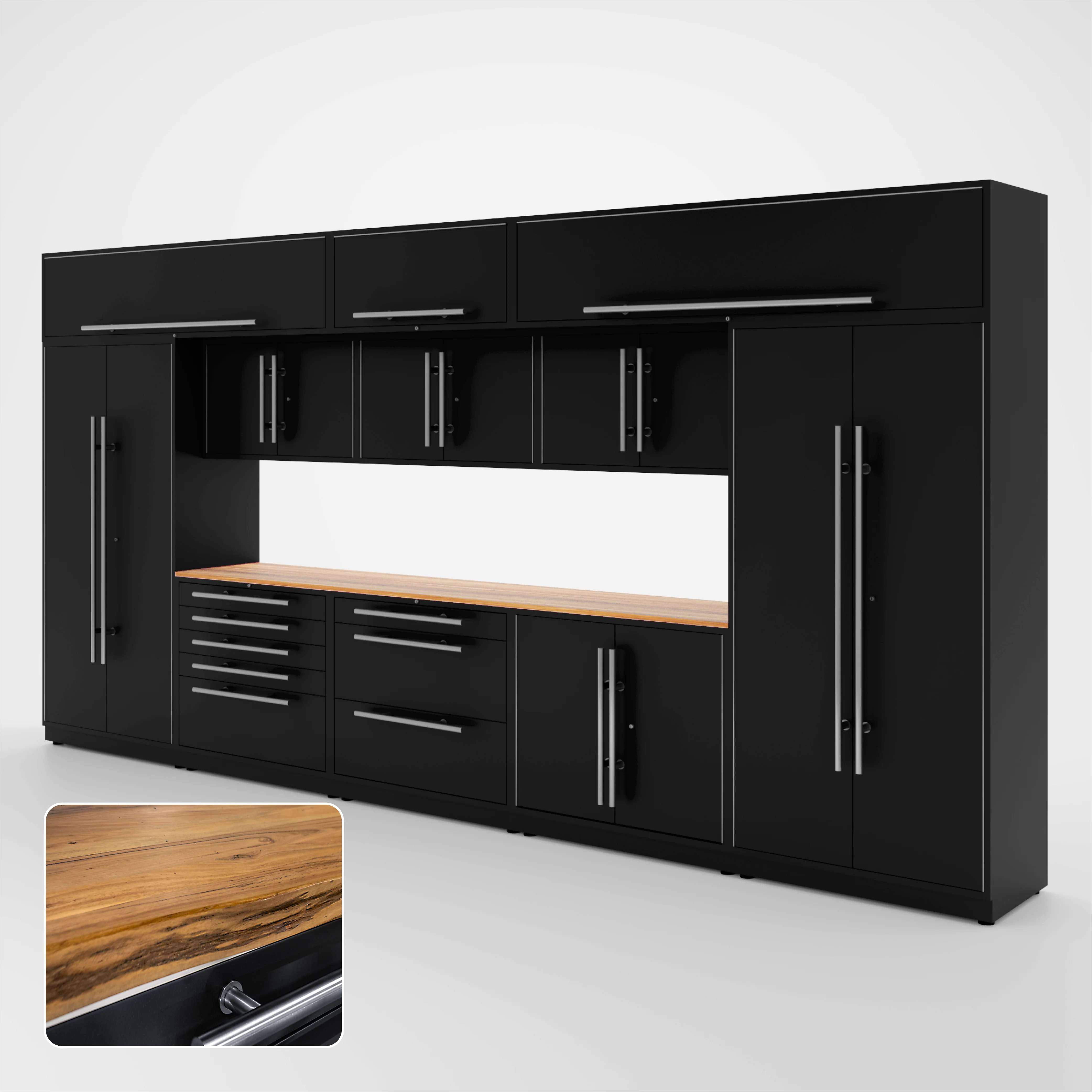 Proslat Lux Cabinets Black 12 Piece Set with Live Edge Wood Worktop - LUXSET160571