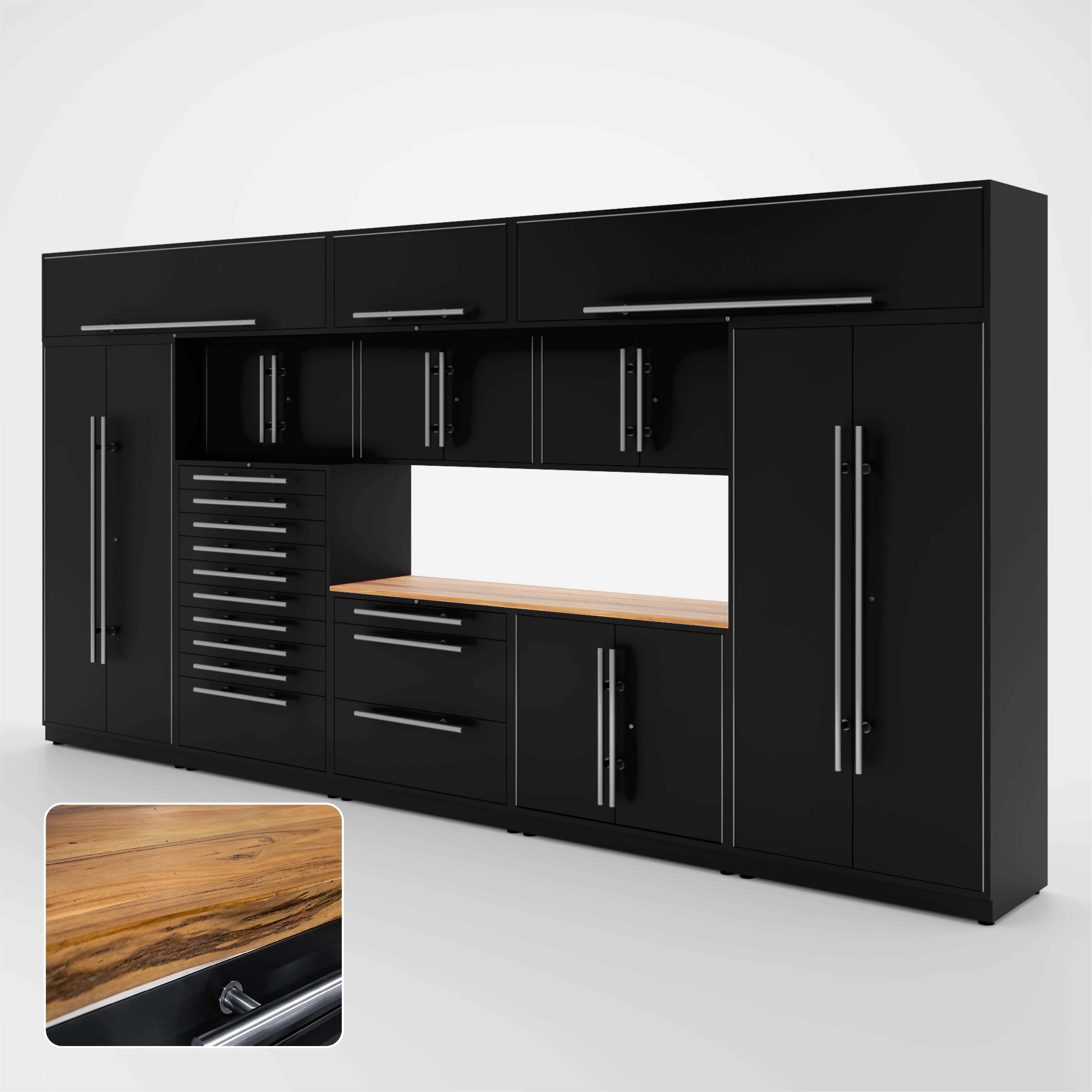 Proslat Lux Cabinets Black 12 Piece Set with Live Edge Wood Worktop - LUXSET160591