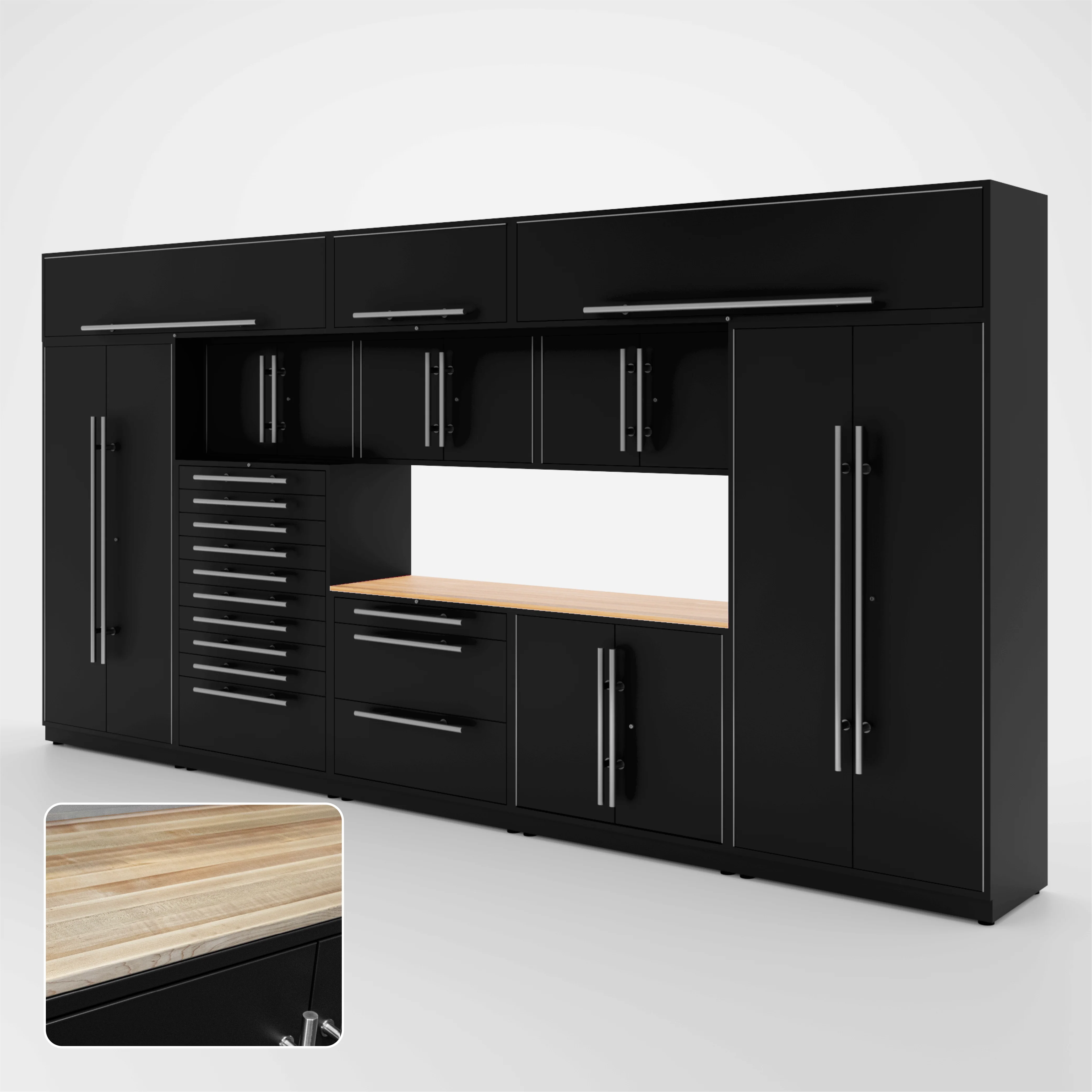Proslat Lux Cabinets Black 12 Piece Set with Maple Wood Worktop - LUXSET160711