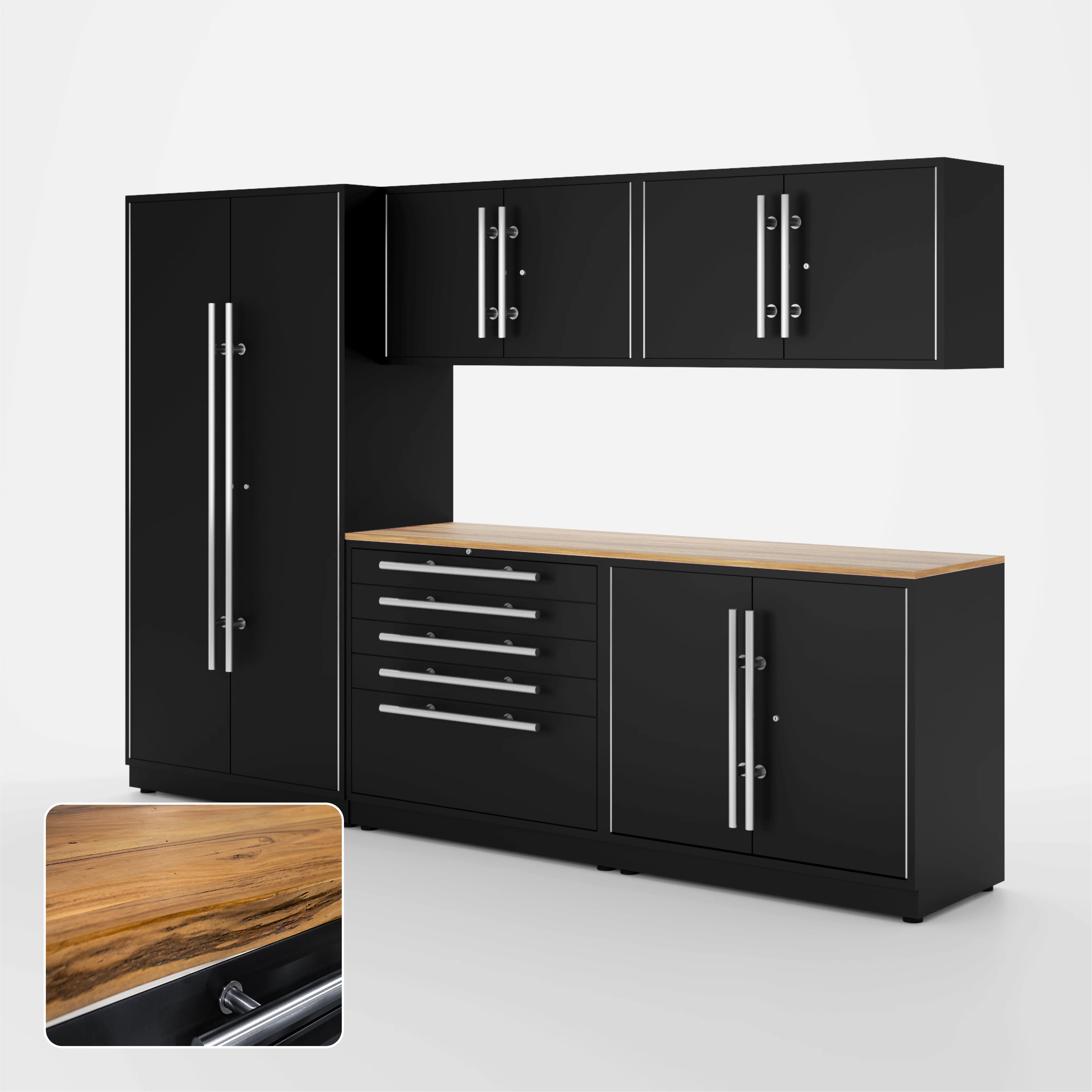 Proslat Lux Cabinets Black 6 Piece Set with Live Edge Wood Worktop - LUXSET100561
