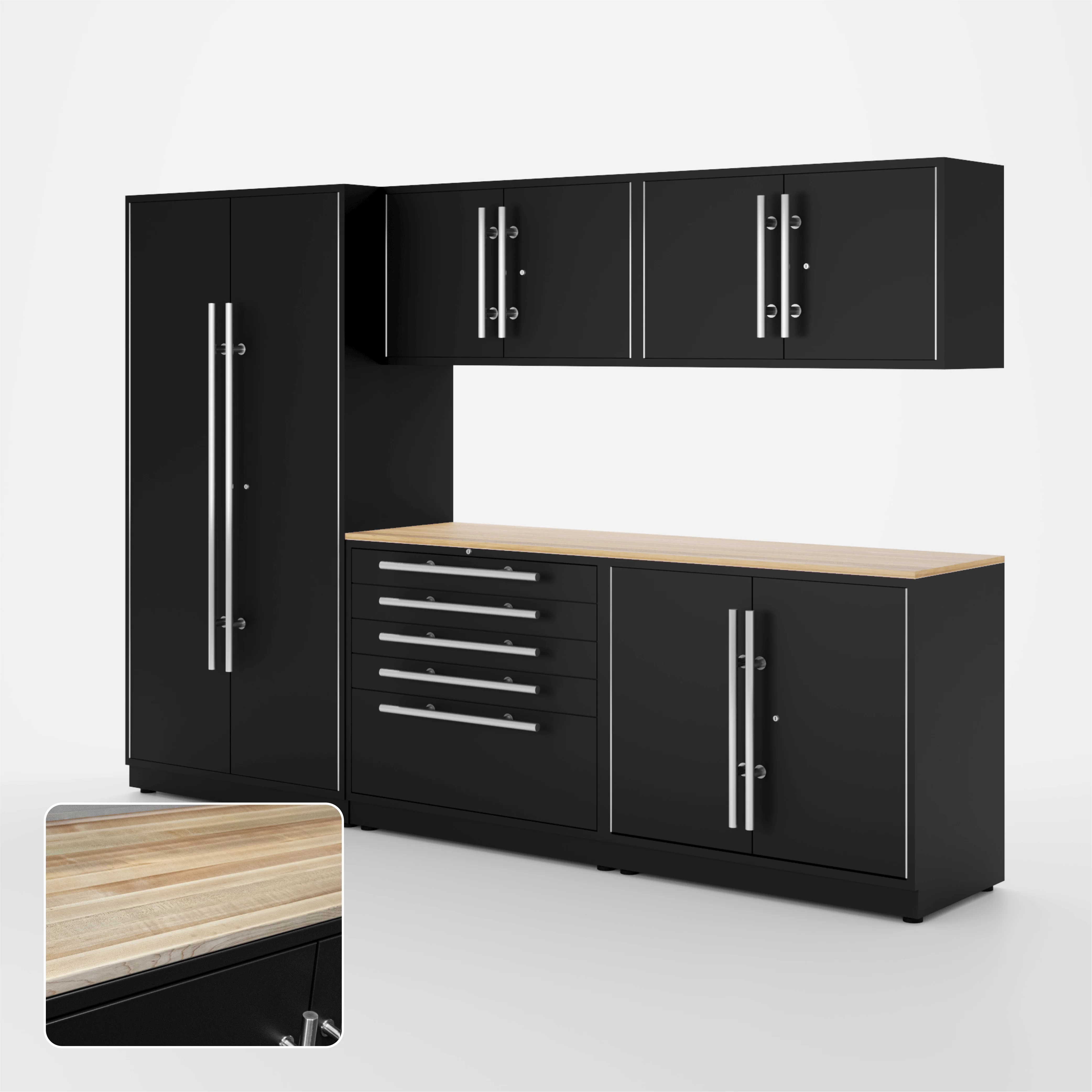 Proslat Lux Cabinets Black 6 Piece Set with Maple Wood Worktop - LUXSET100681