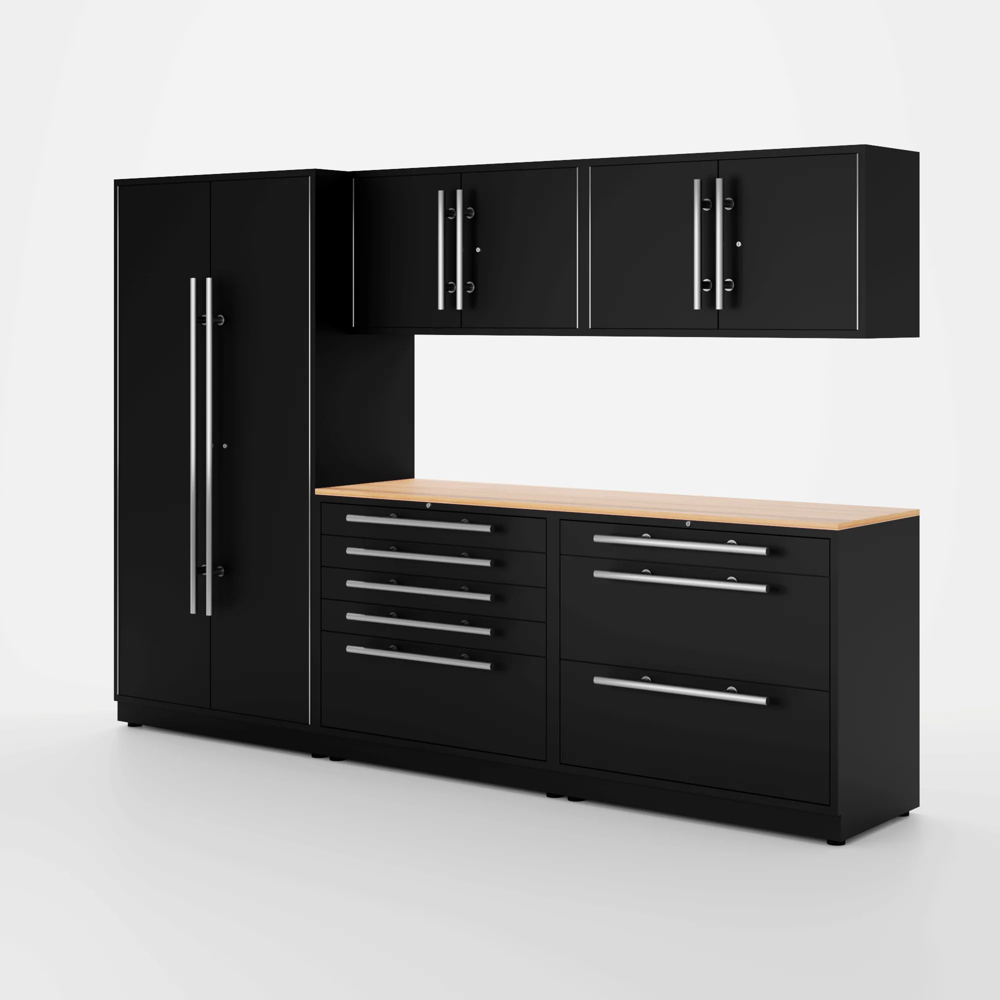 Proslat Lux Cabinets Black 6 Piece Set with Maple Wood Worktop - LUXSET100701
