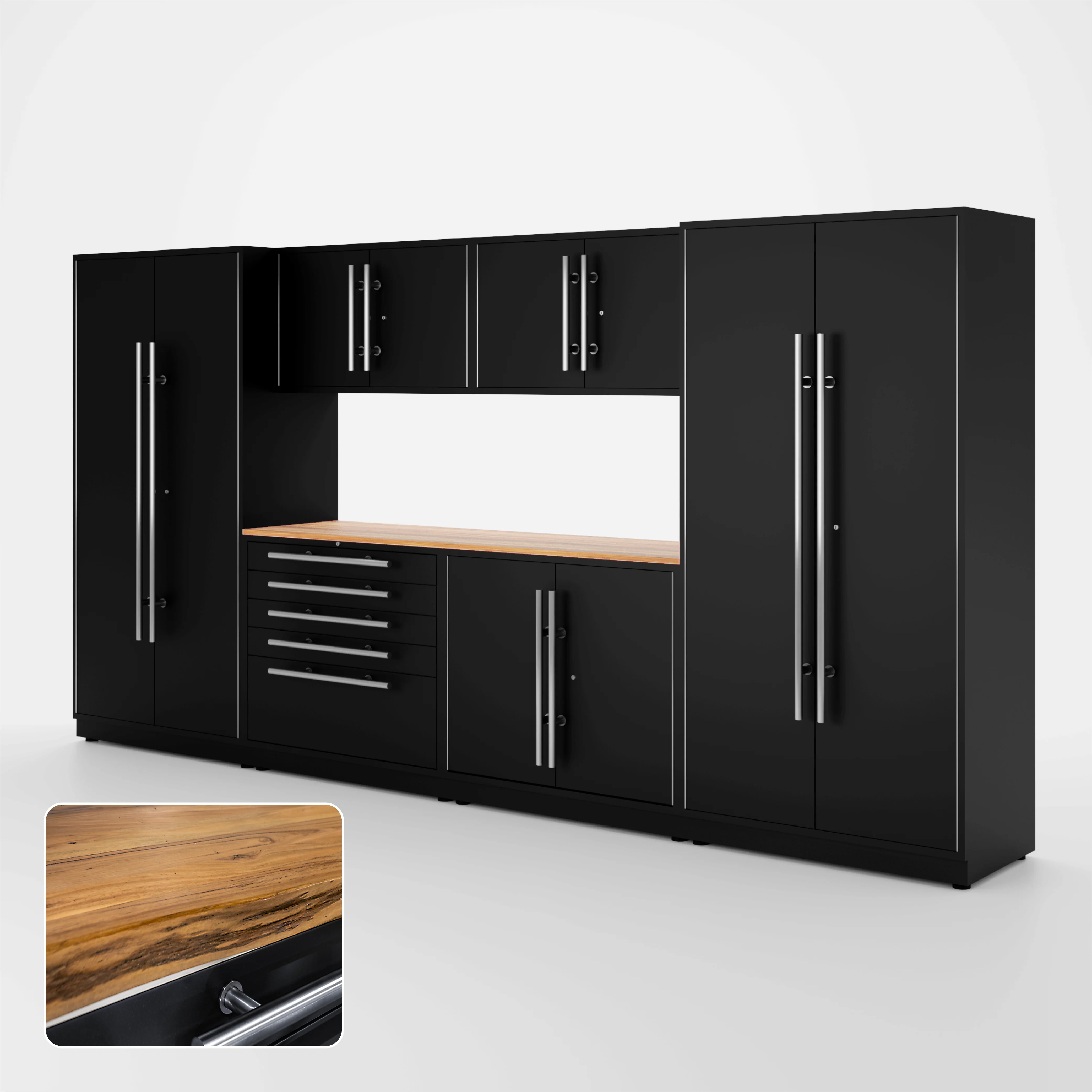 Proslat Lux Cabinets Black 7 Piece Set with Live Edge Wood Worktop - LUXSET130561