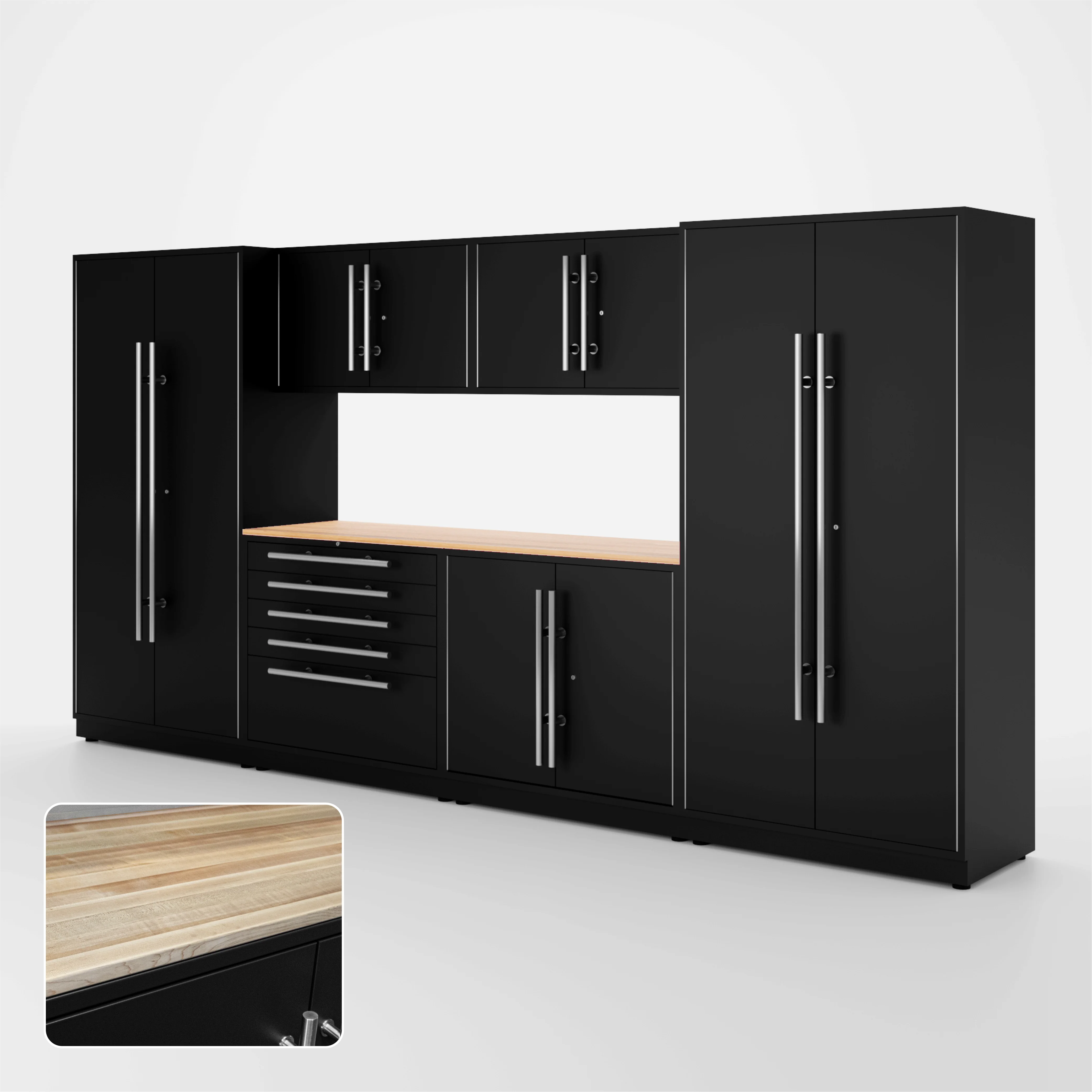 Proslat Lux Cabinets Black 7 Piece Set with Maple Wood Worktop - LUXSET130681