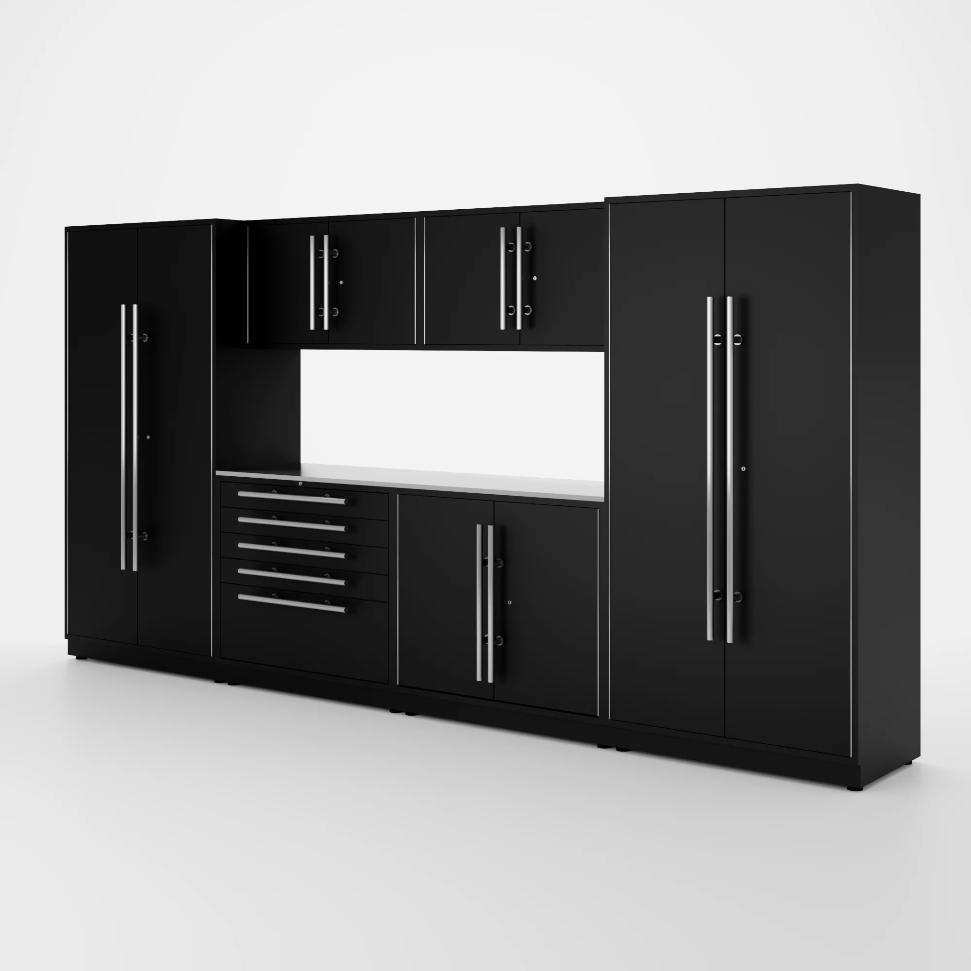 Proslat Lux Cabinets Black 7 Piece Set with Stainless Steel Worktop - LUXSET130621