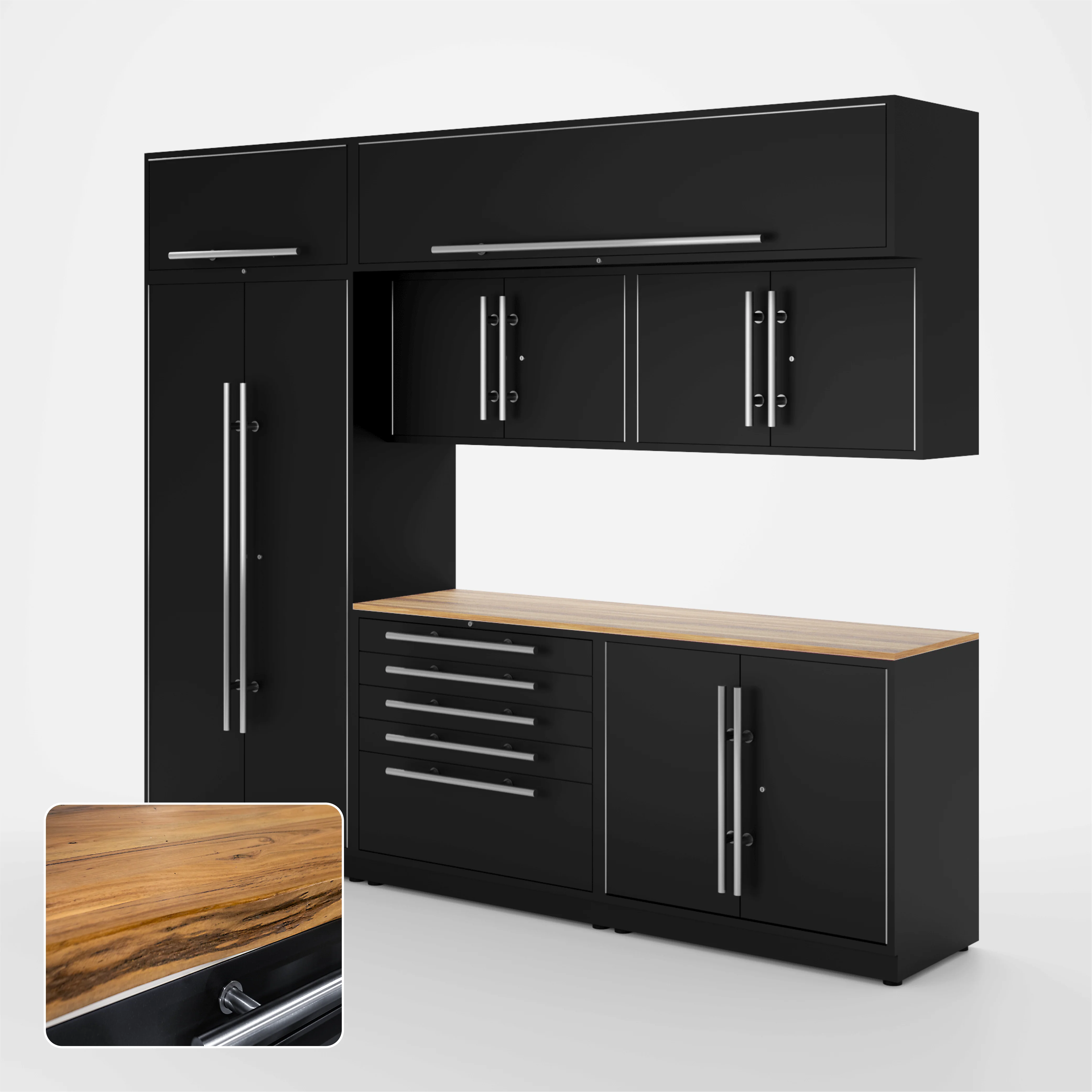 Proslat Lux Cabinets Black 8 Piece Set with Live Edge Wood Worktop - LUXSET100571