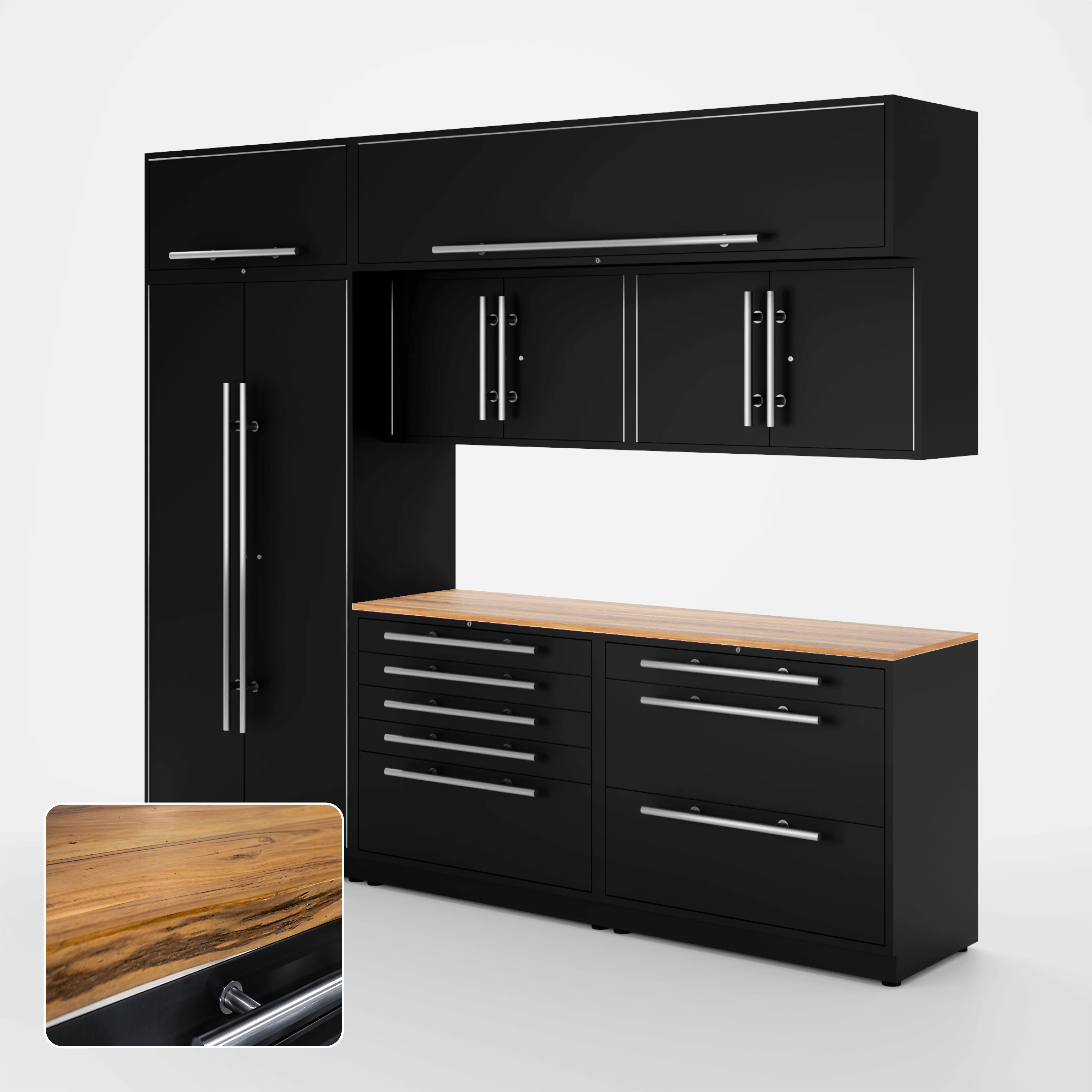 Proslat Lux Cabinets Black 8 Piece Set with Live Edge Wood Worktop - LUXSET100591