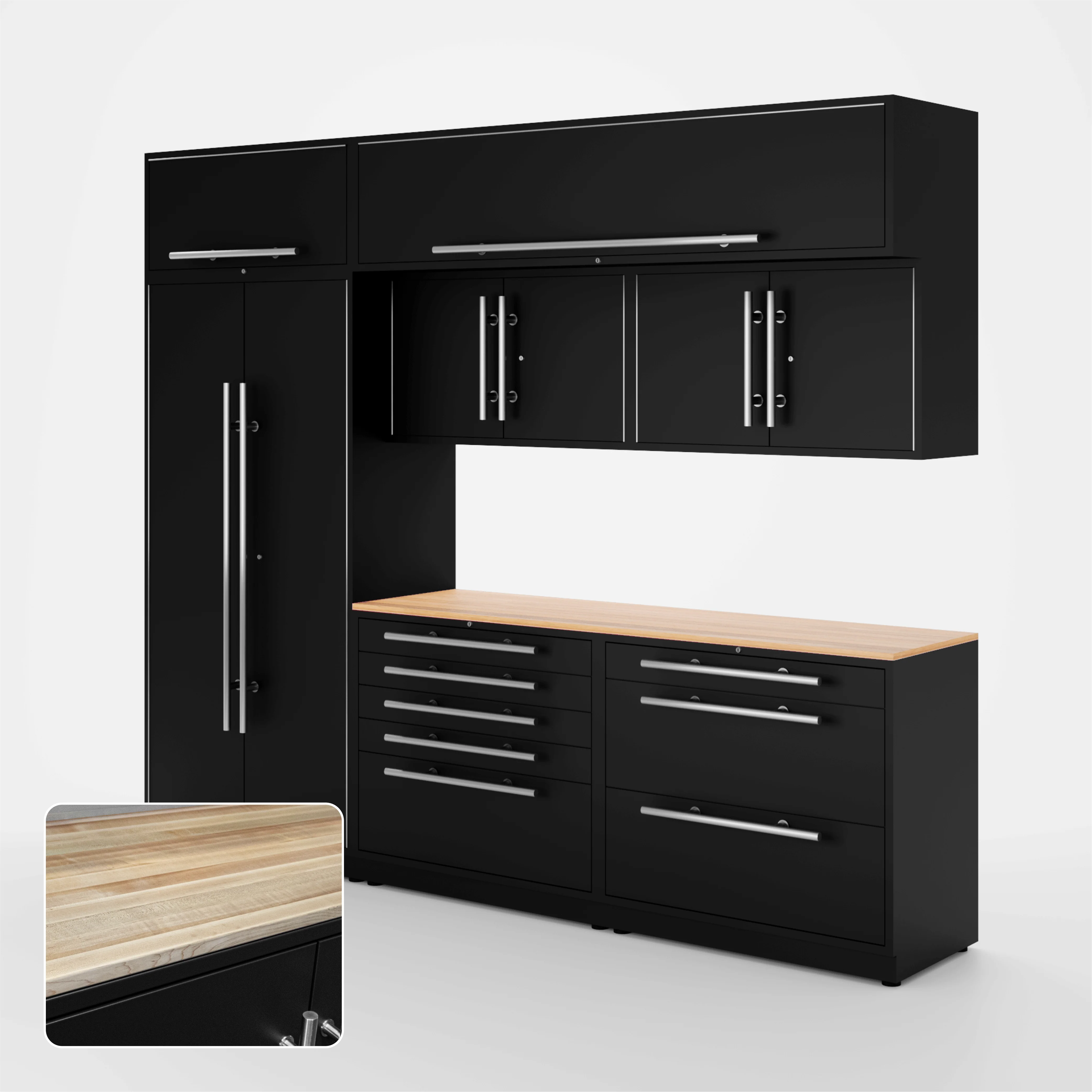 Proslat Lux Cabinets Black 8 Piece Set with Maple Wood Worktop - LUXSET100711