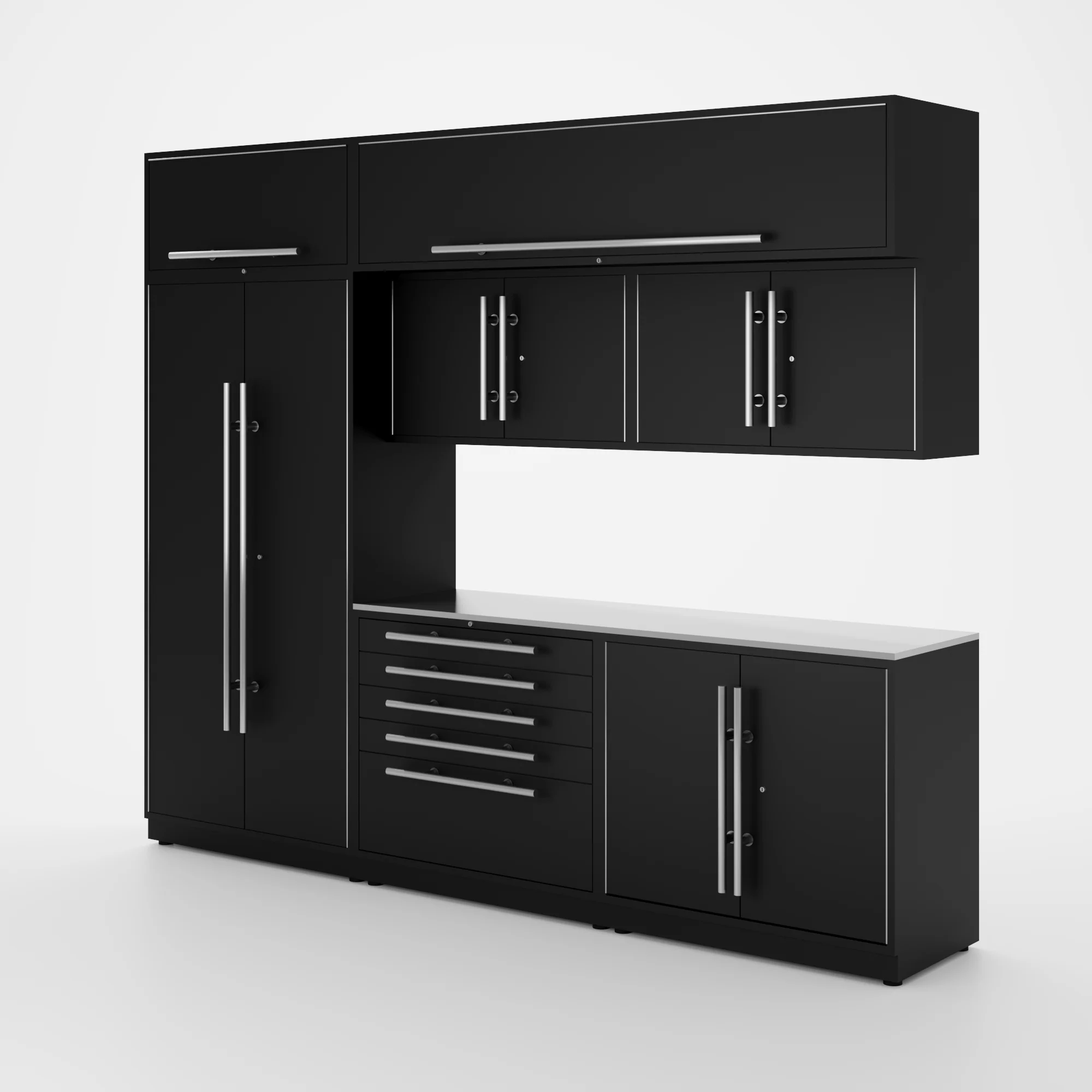 Proslat Lux Cabinets Black 8 Piece Set with Stainless Steel Worktop - LUXSET100631