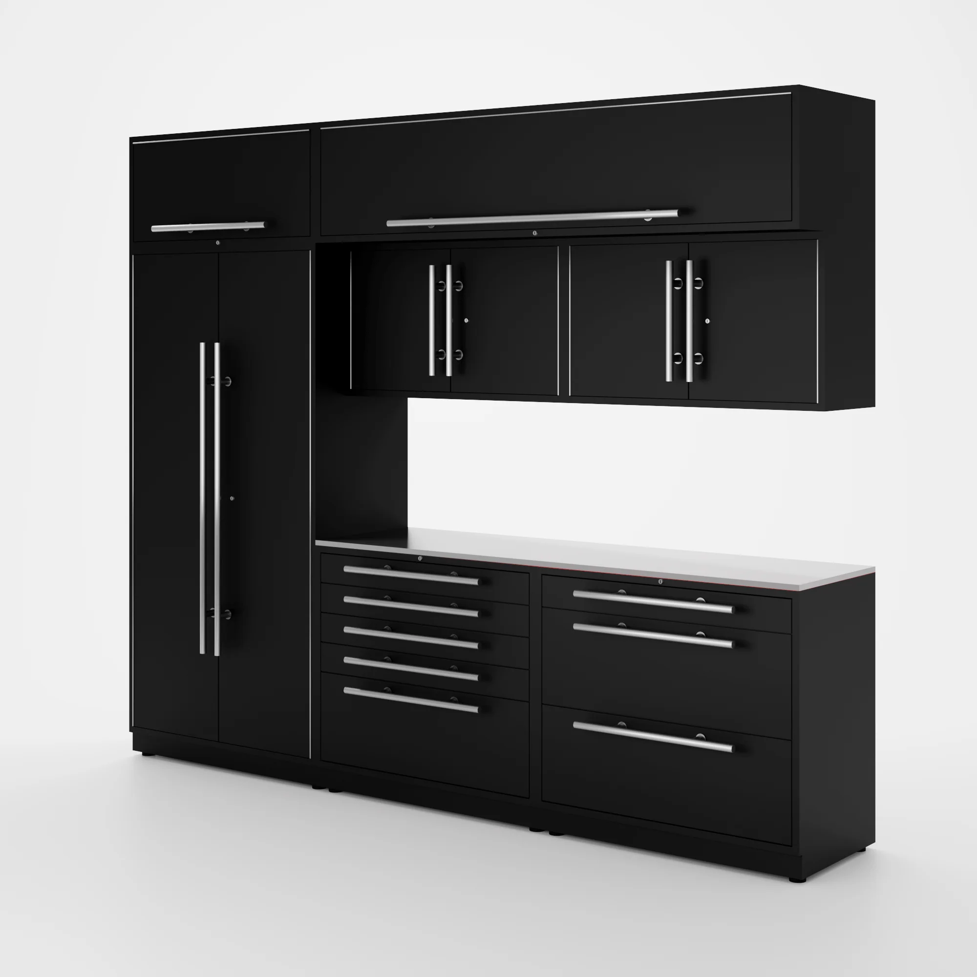 Proslat Lux Cabinets Black 8 Piece Set with Stainless Steel Worktop - LUXSET100651