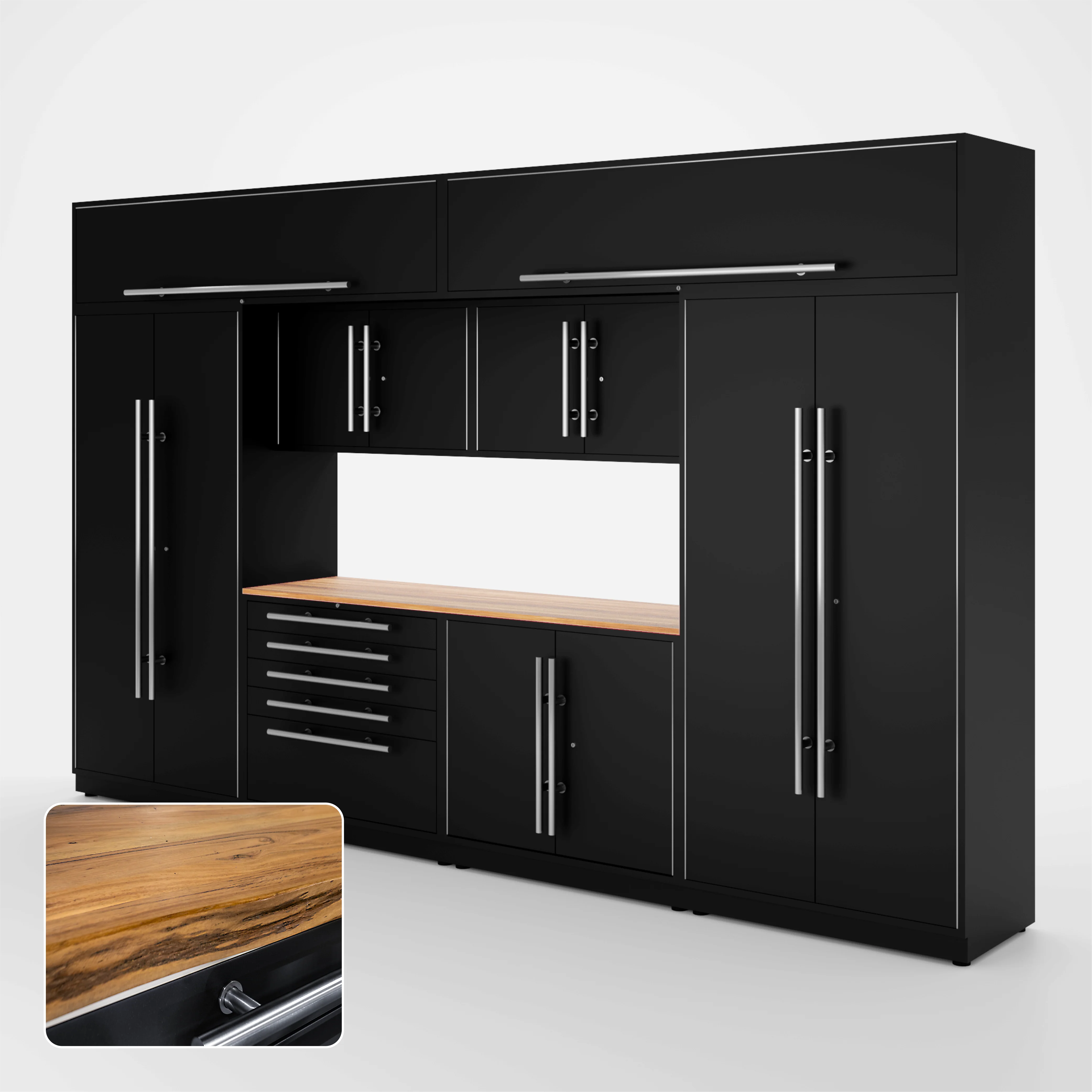 Proslat Lux Cabinets Black 9 Piece Set with Live Edge Wood Worktop - LUXSET130571