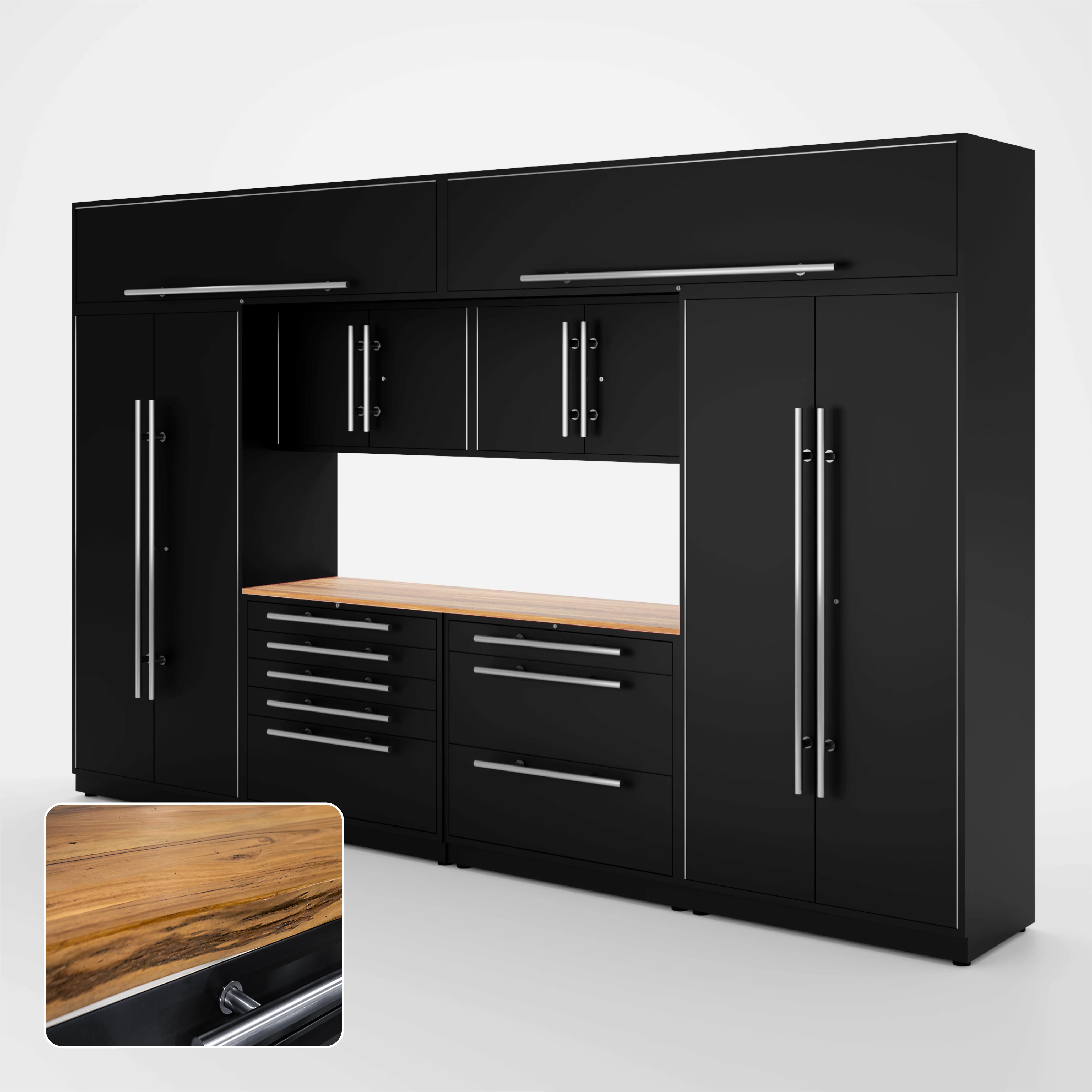 Proslat Lux Cabinets Black 9 Piece Set with Live Edge Wood Worktop - LUXSET130591