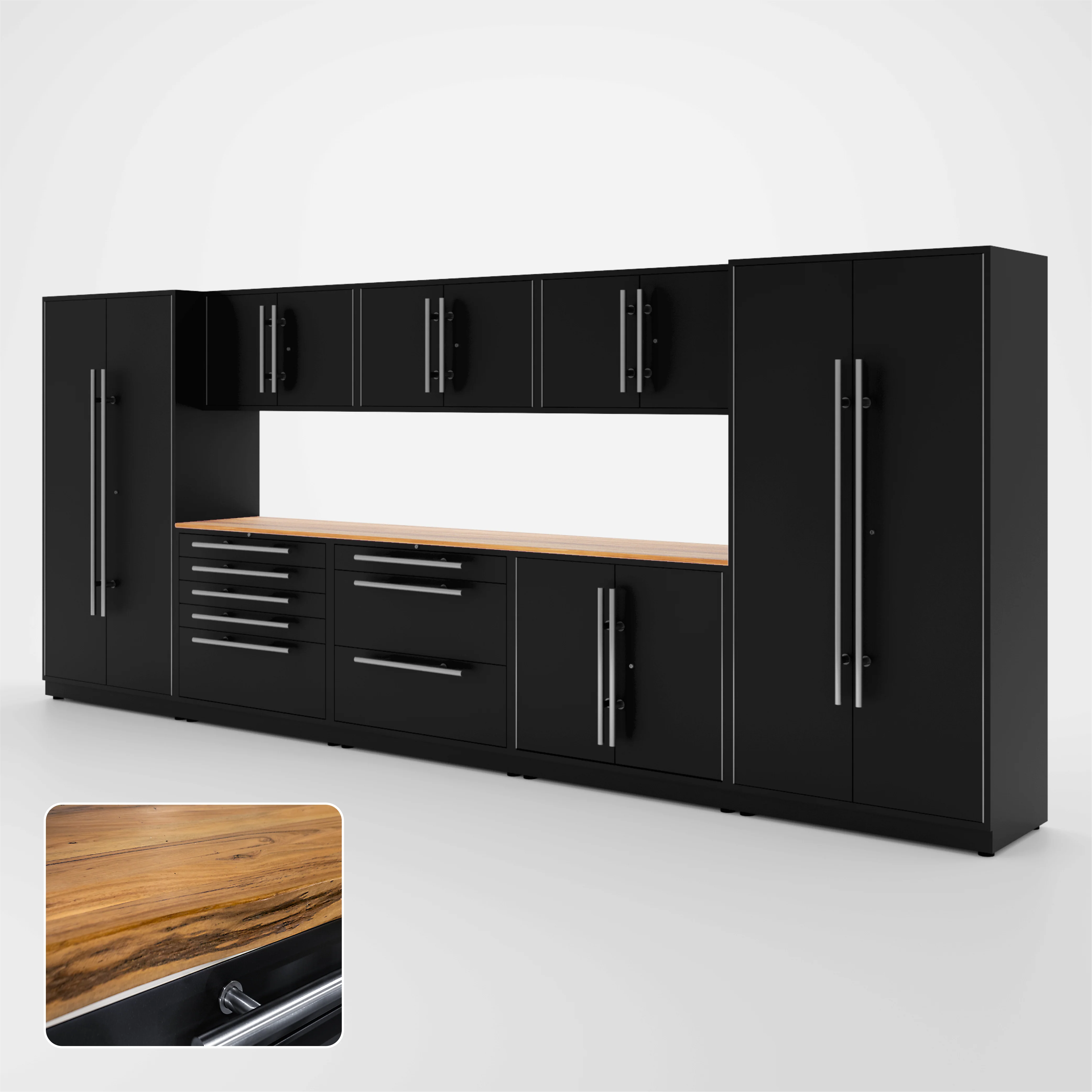 Proslat Lux Cabinets Black 9 Piece Set with Live Edge Wood Worktop - LUXSET160561