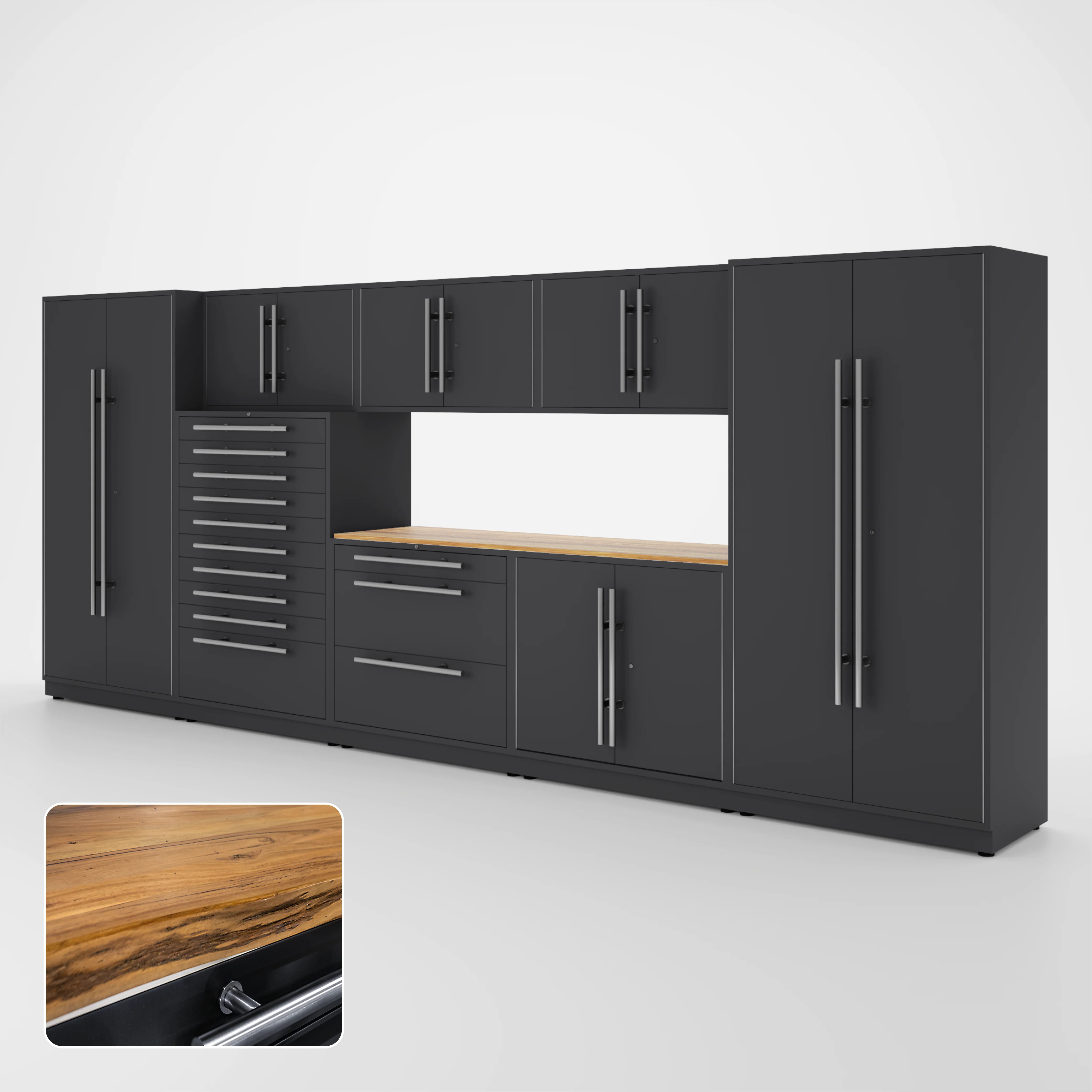 Proslat Lux Cabinets Black 9 Piece Set with Live Edge Wood Worktop - LUXSET160581