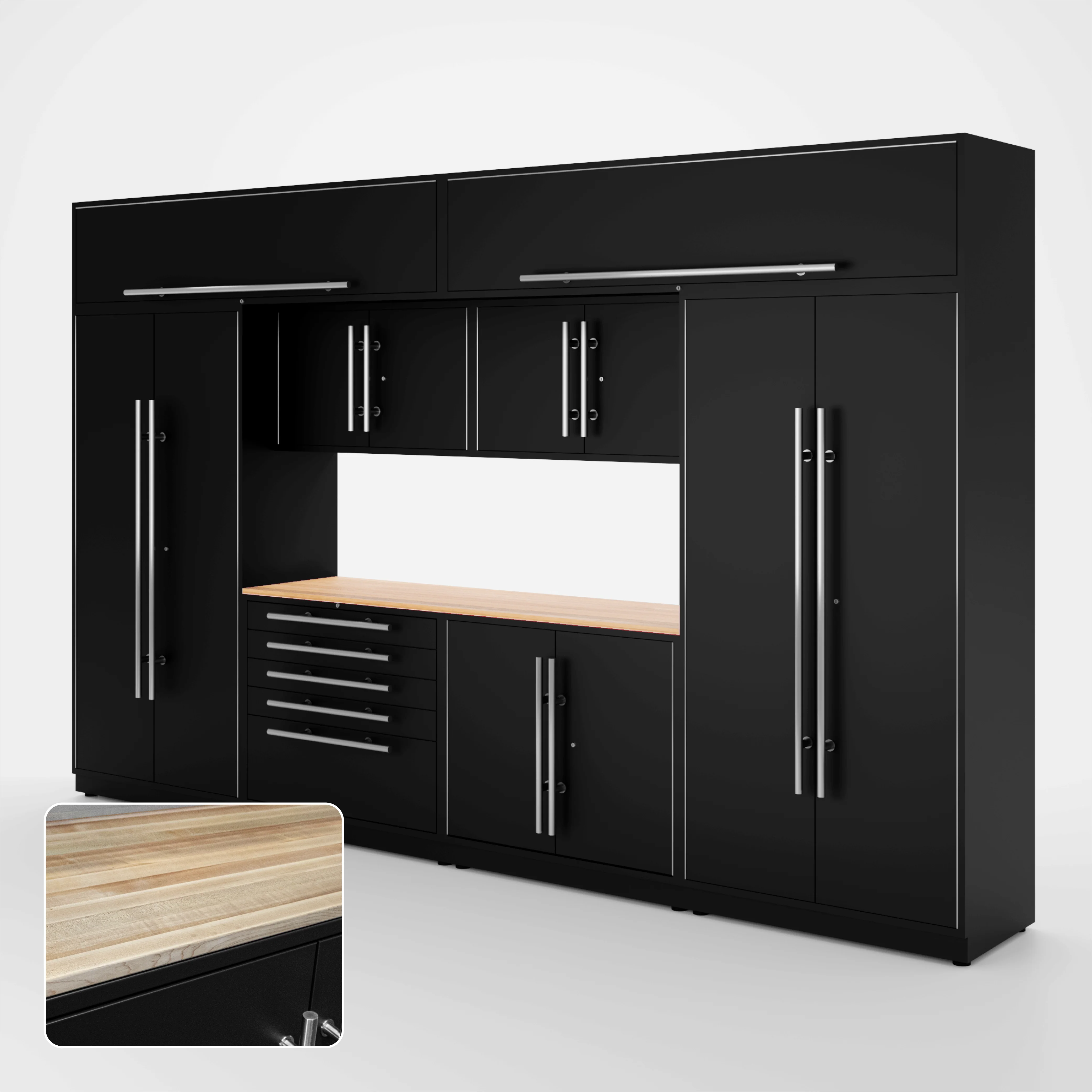 Proslat Lux Cabinets Black 9 Piece Set with Maple Wood Worktop - LUXSET130691