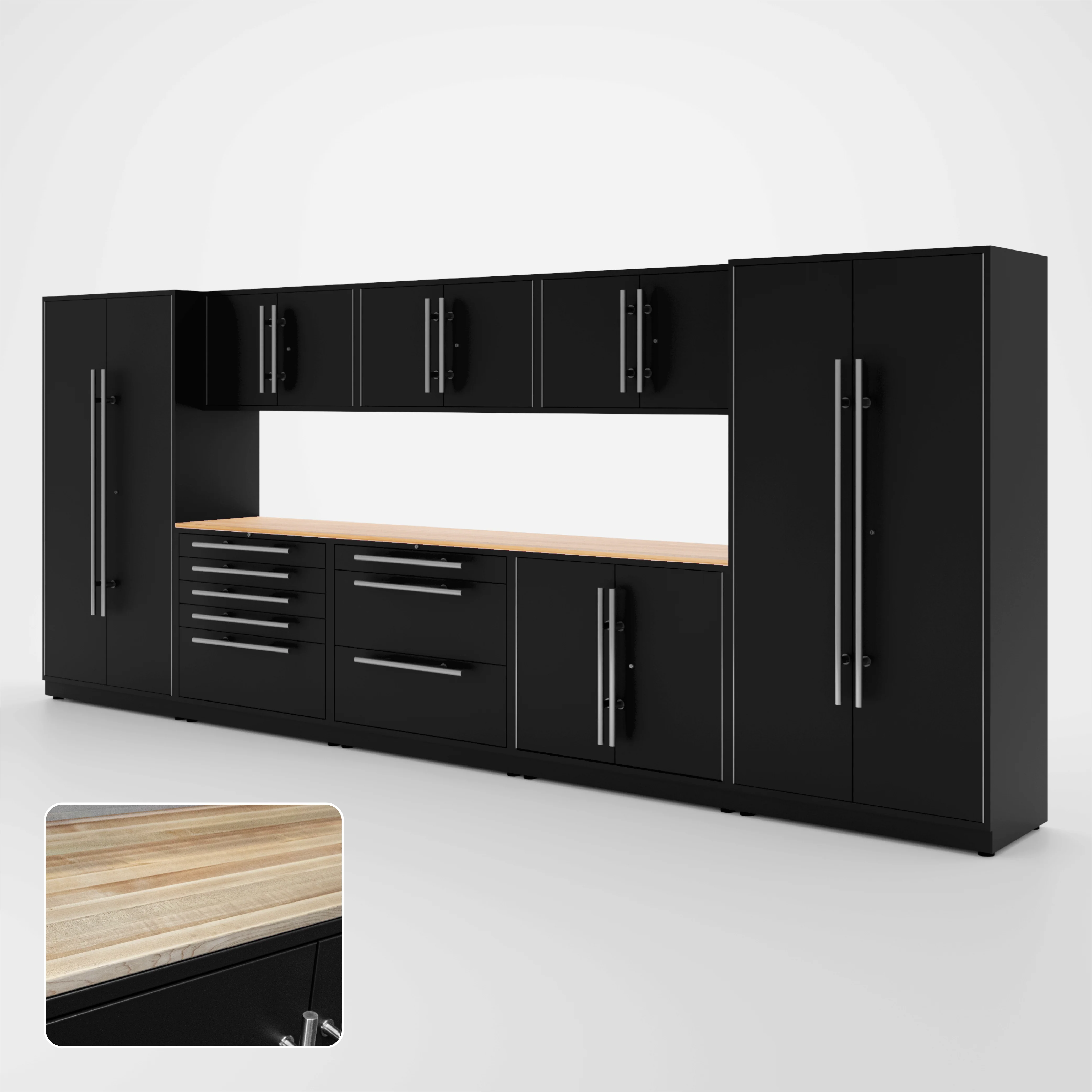 Proslat Lux Cabinets Black 9 Piece Set with Maple Wood Worktop - LUXSET160681