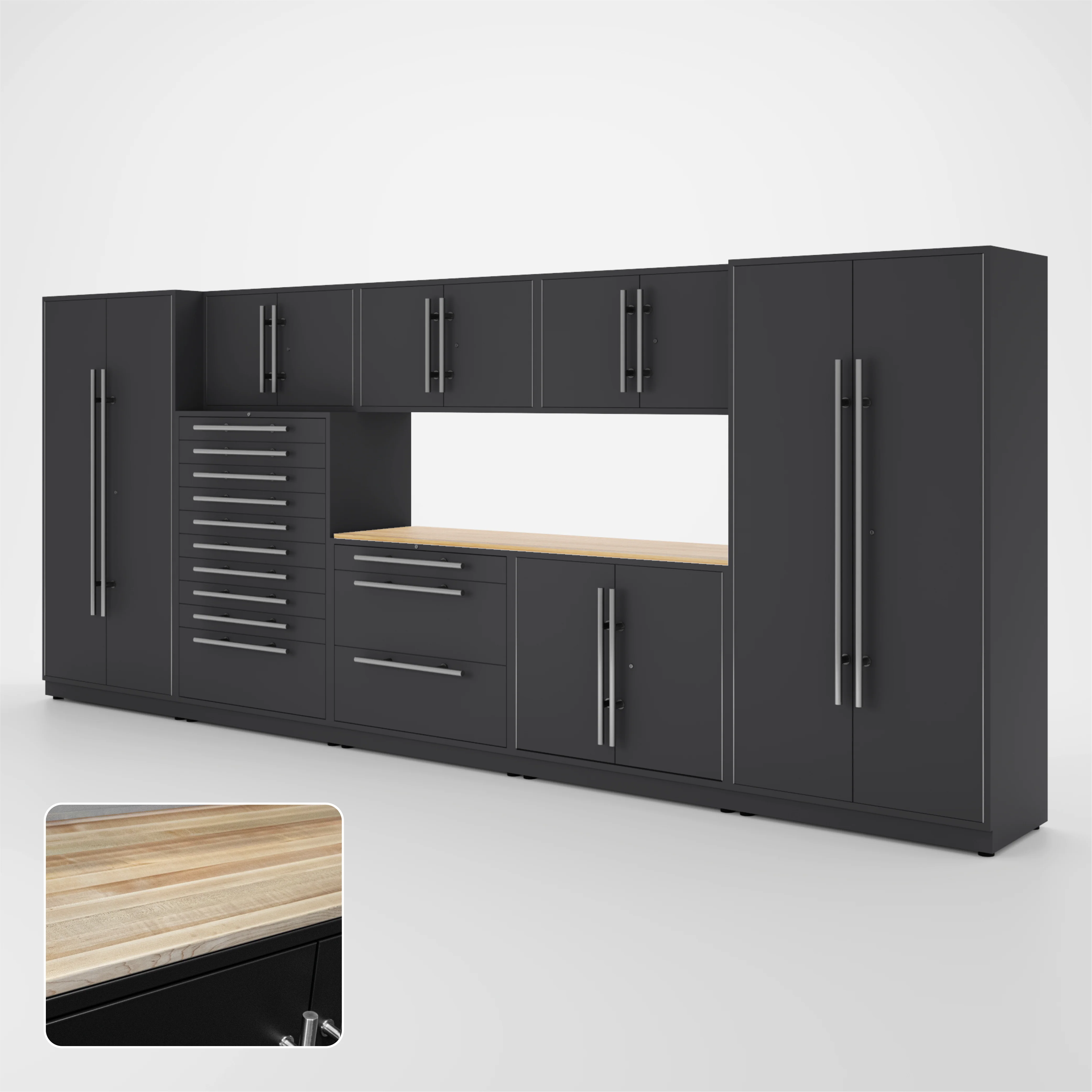 Proslat Lux Cabinets Black 9 Piece Set with Maple Wood Worktop - LUXSET160701