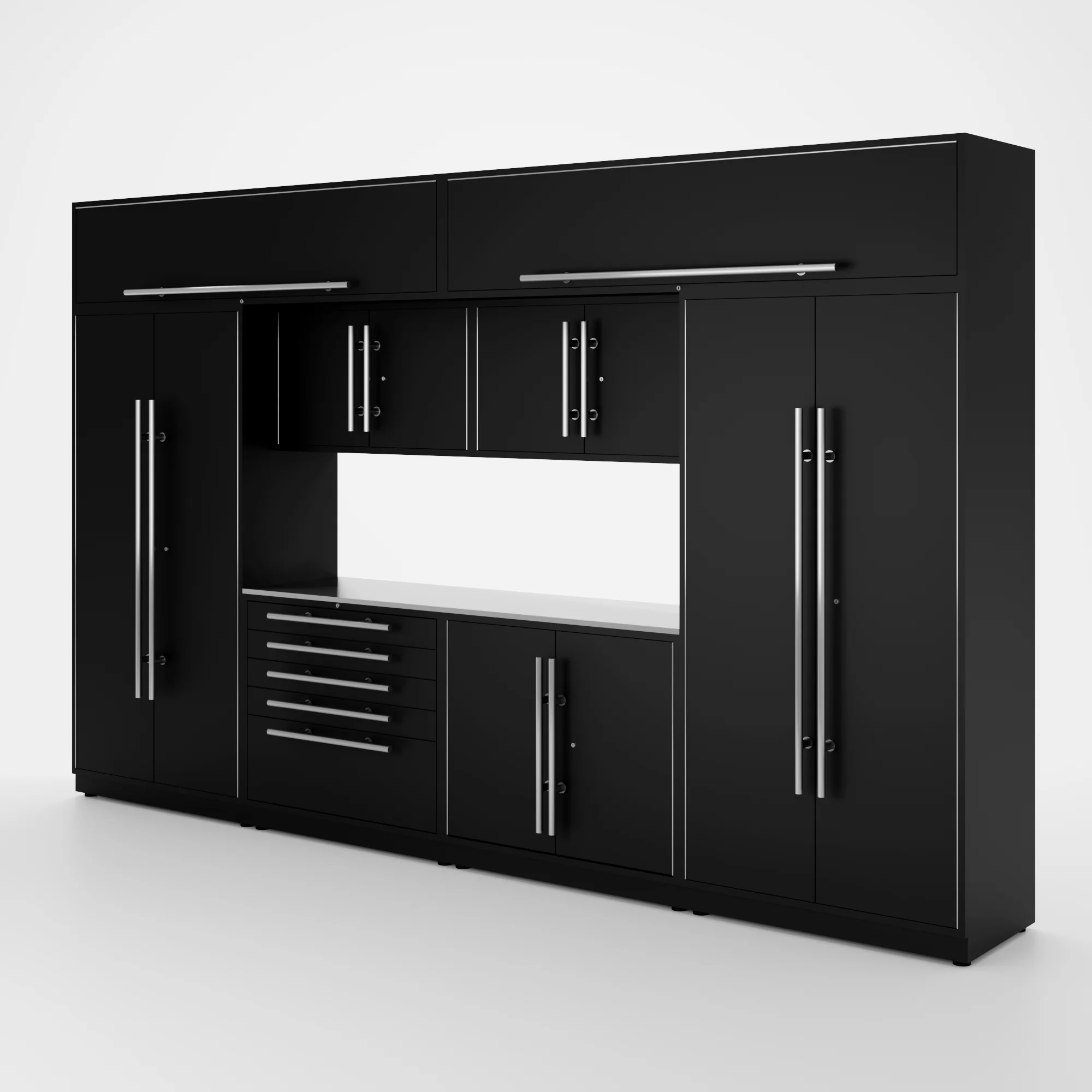 Proslat Lux Cabinets Black 9 Piece Set with Stainless Steel Worktop - LUXSET130631