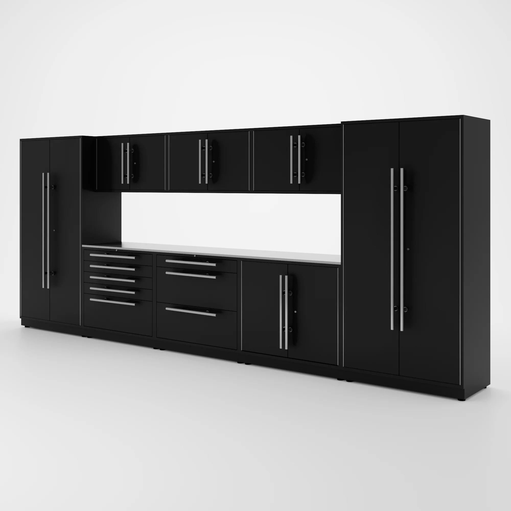 Proslat Lux Cabinets Black 9 Piece Set with Stainless Steel Worktop - LUXSET160621