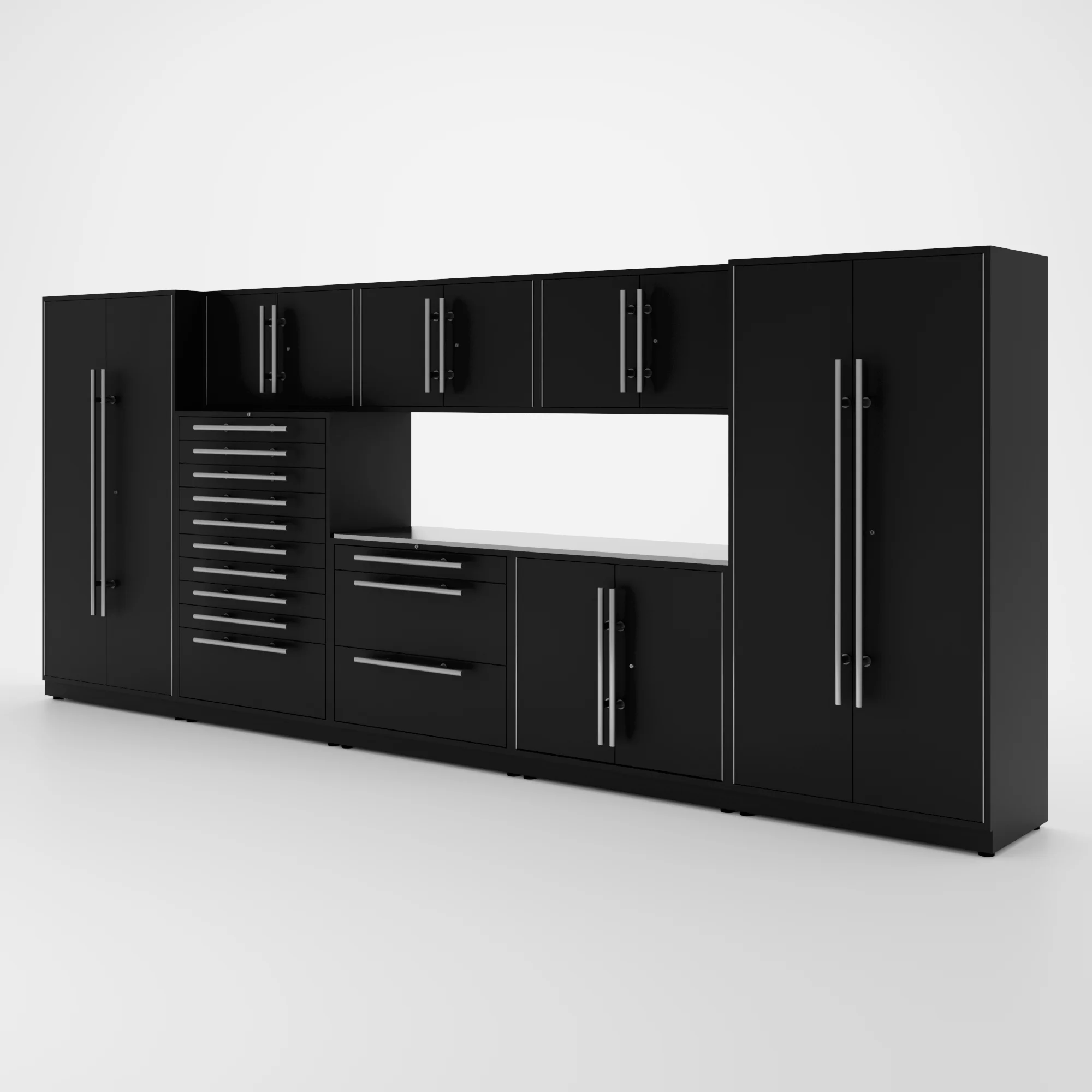 Proslat Lux Cabinets Black 9 Piece Set with Stainless Steel Worktop - LUXSET160641