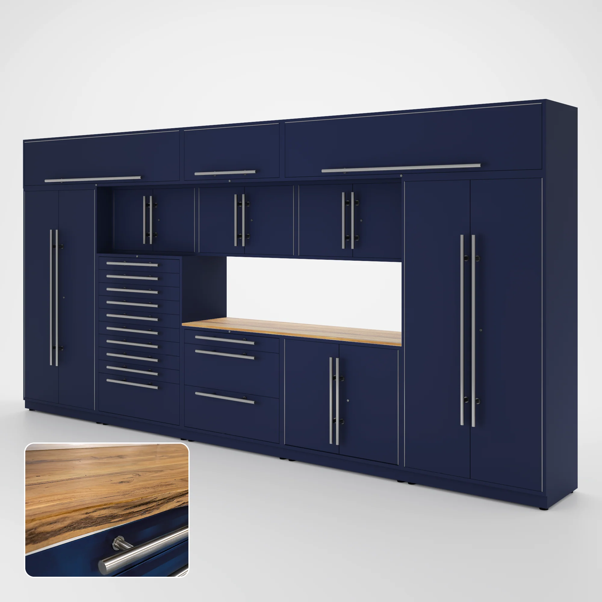 Proslat Lux Cabinets Blue 12 Piece Set with Live Edge Wood Worktop - LUXSET160771