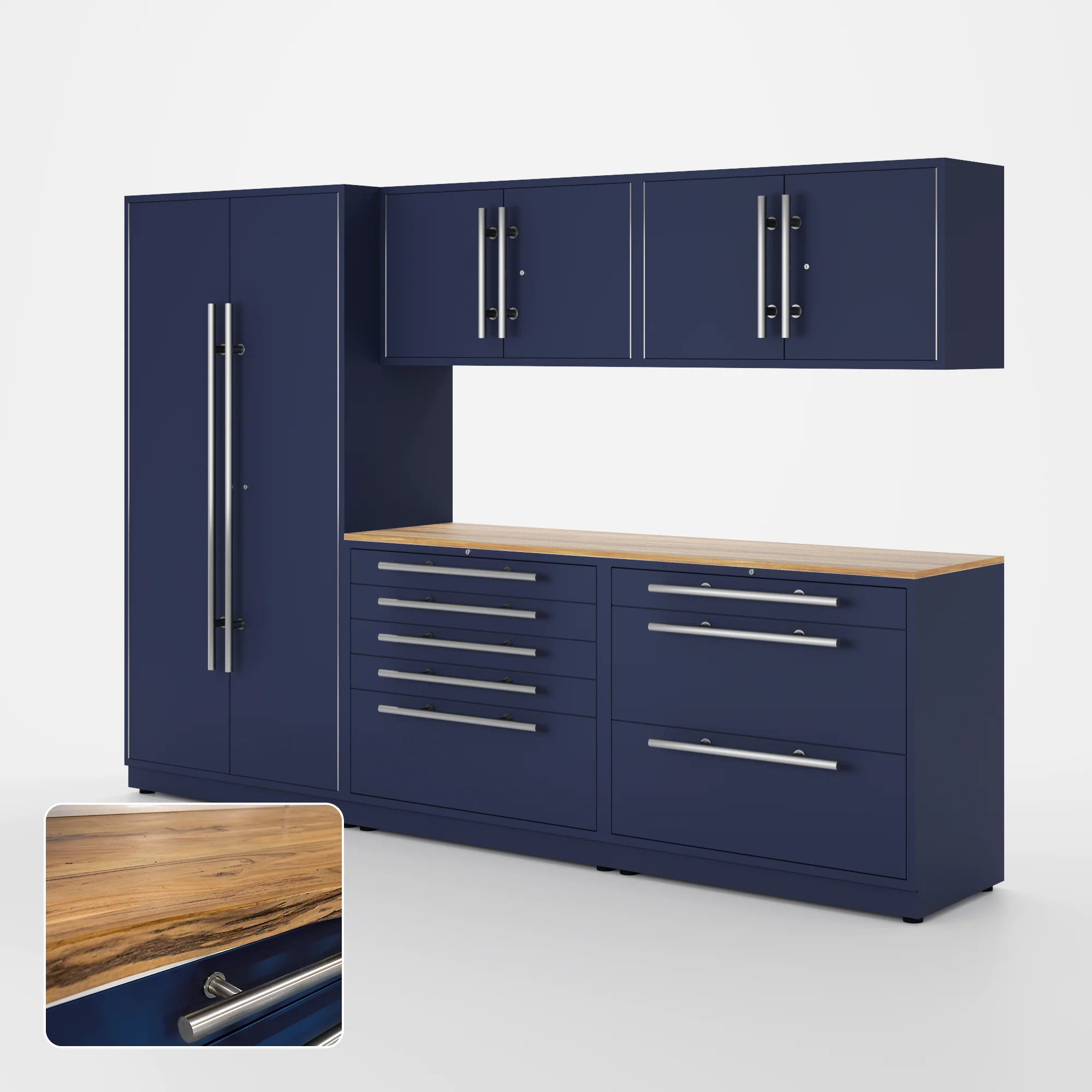 Proslat Lux Cabinets Blue 6 Piece Set with Live Edge Wood Worktop - LUXSET100761