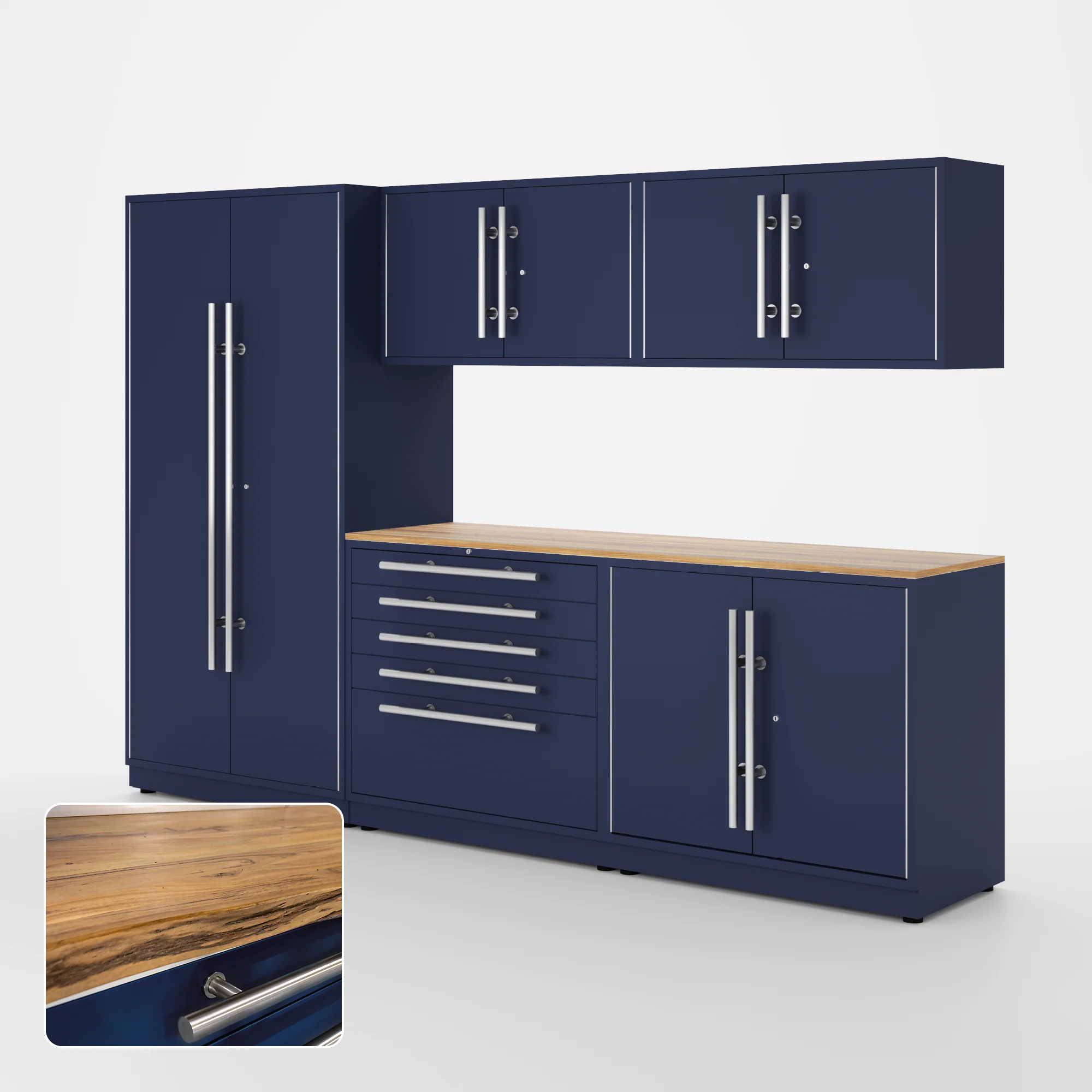 Proslat Lux Cabinets Blue 6 Piece Set with Live Edge Wood Worktop - LUXSET100741