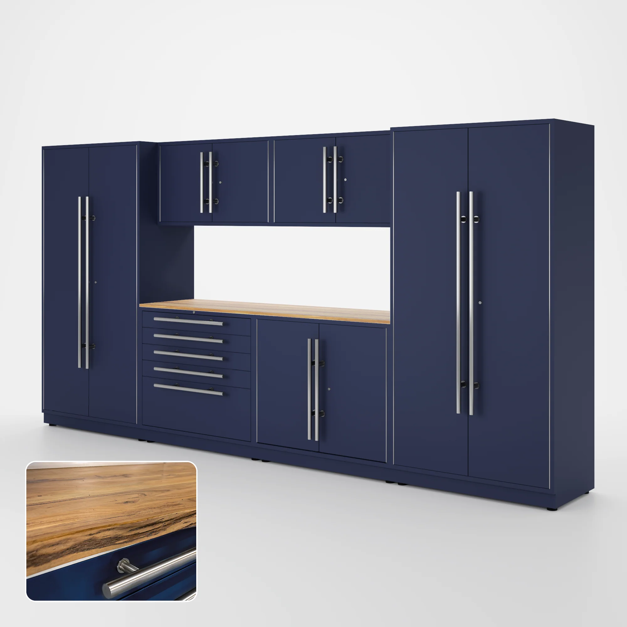Proslat Lux Cabinets Blue 7 Piece Set with Live Edge Wood Worktop - LUXSET130741