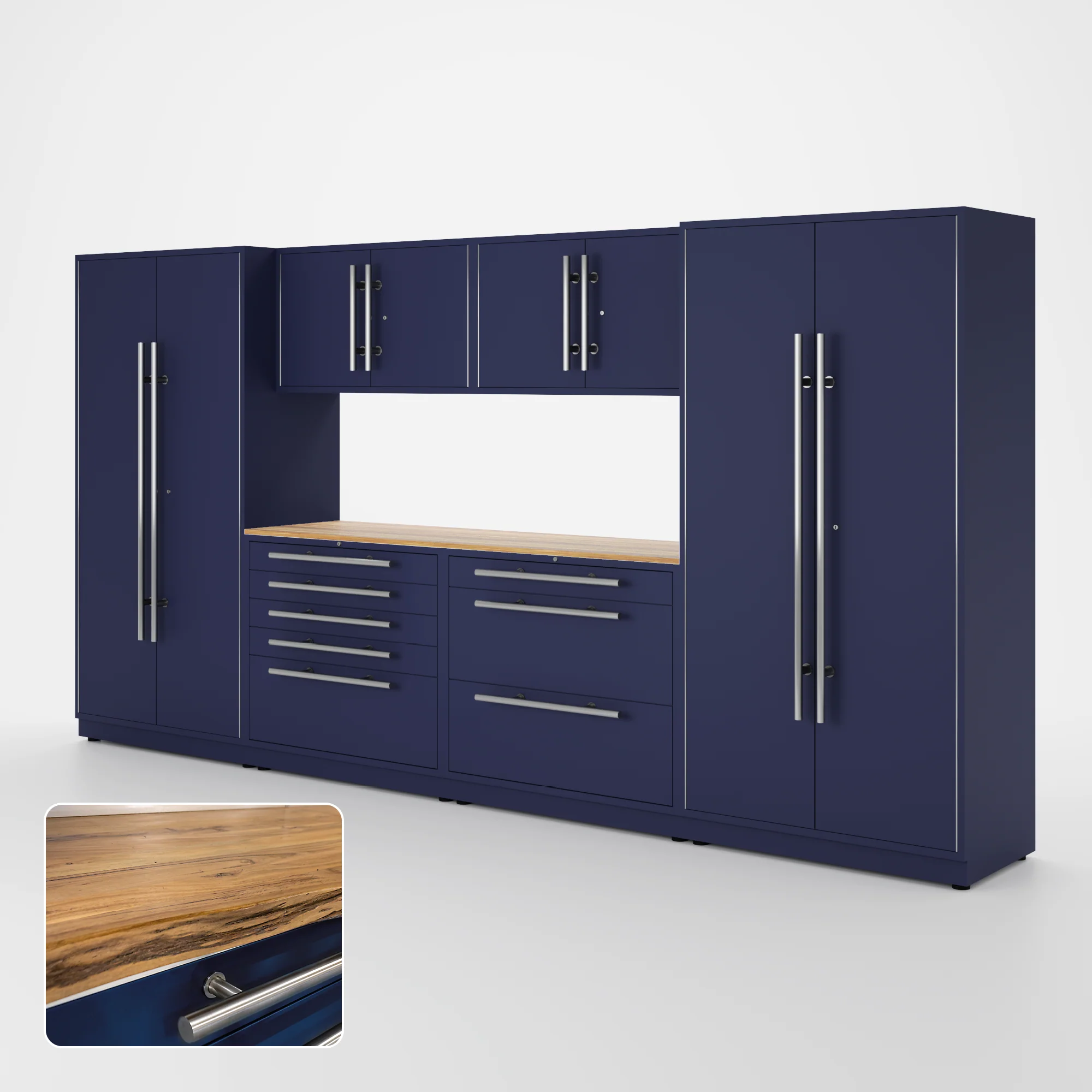 Proslat Lux Cabinets Blue 7 Piece Set with Live Edge Wood Worktop - LUXSET130761
