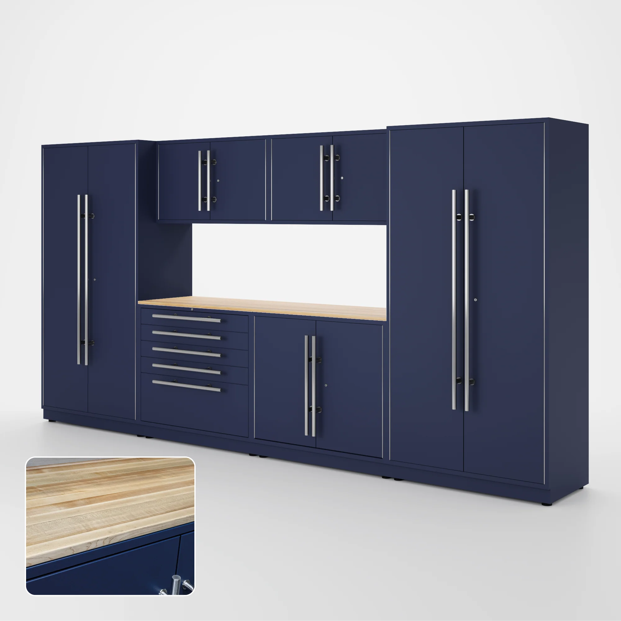 Proslat Lux Cabinets Blue 7 Piece Set with Maple Wood Worktop - LUXSET130861