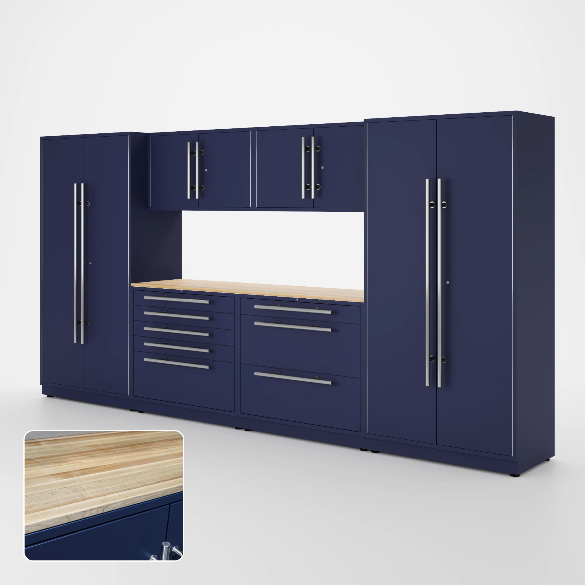 Proslat Lux Cabinets Blue 7 Piece Set with Maple Wood Worktop - LUXSET130881