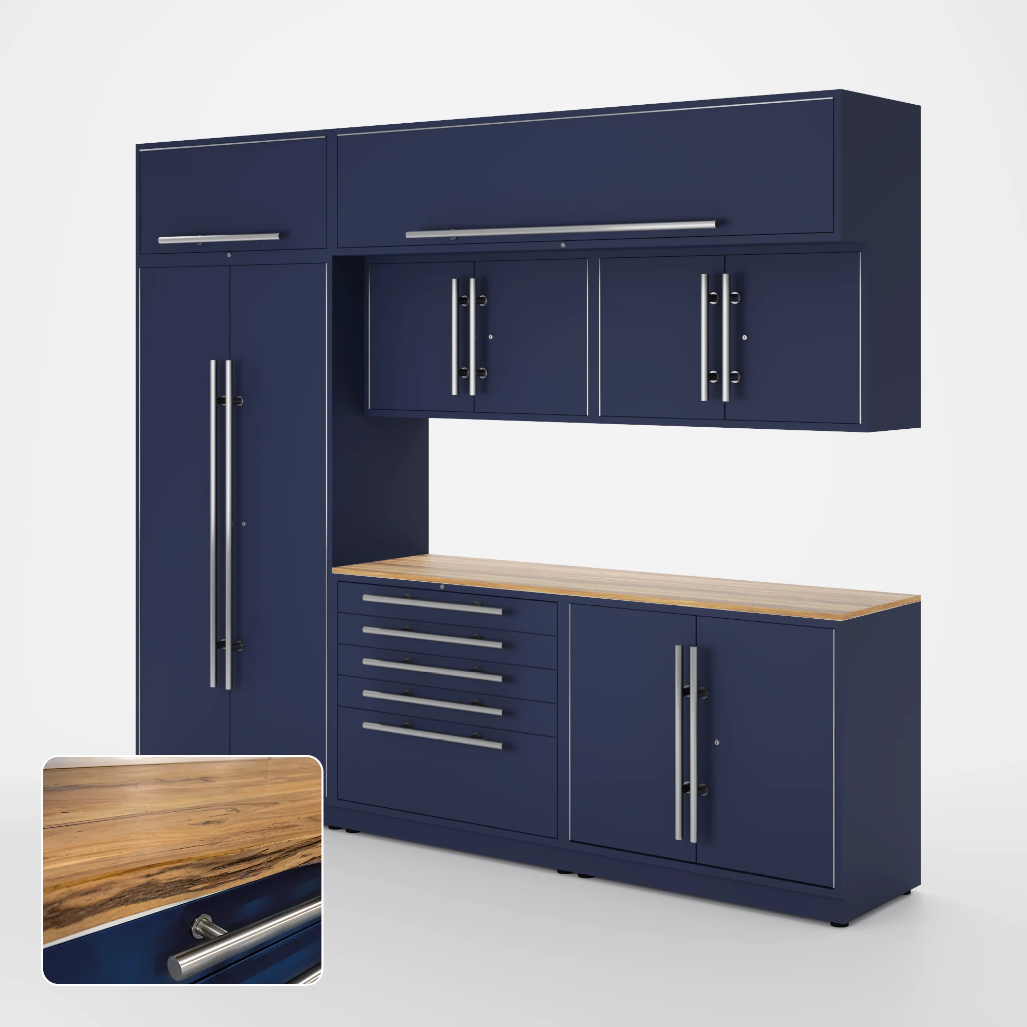 Proslat Lux Cabinets Blue 8 Piece Set with Live Edge Wood Worktop - LUXSET100751