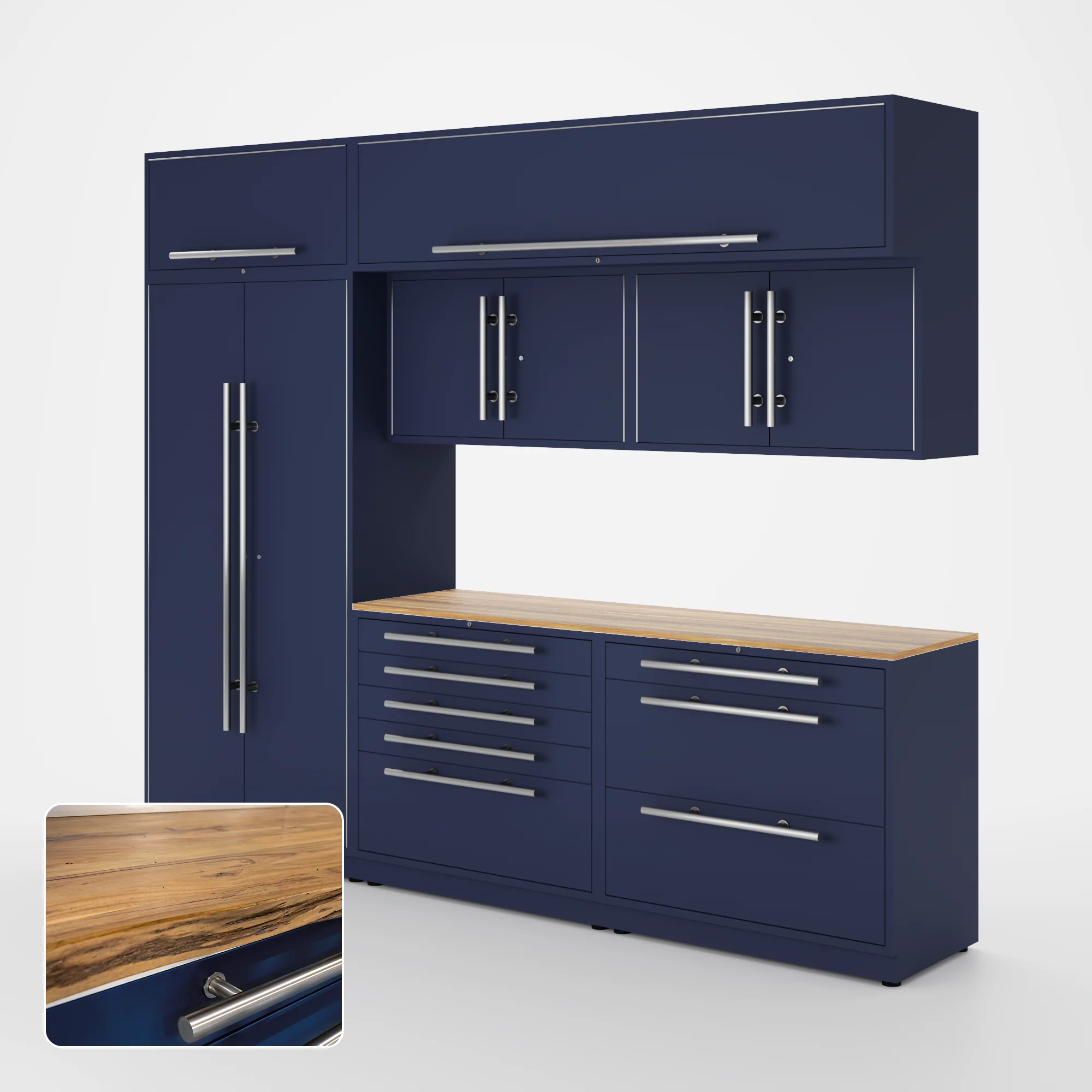 Proslat Lux Cabinets Blue 8 Piece Set with Live Edge Wood Worktop - LUXSET100771