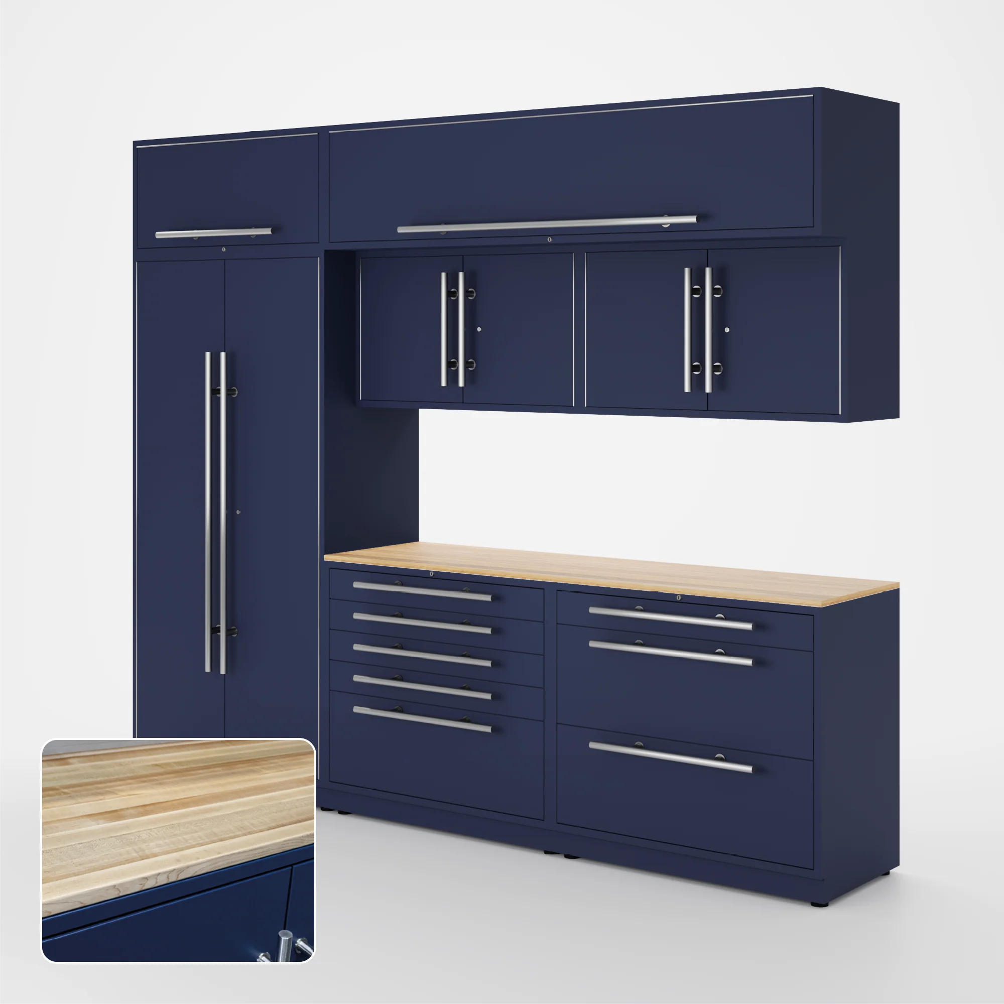 Proslat Lux Cabinets Blue 8 Piece Set with Maple Wood Worktop - LUXSET100891