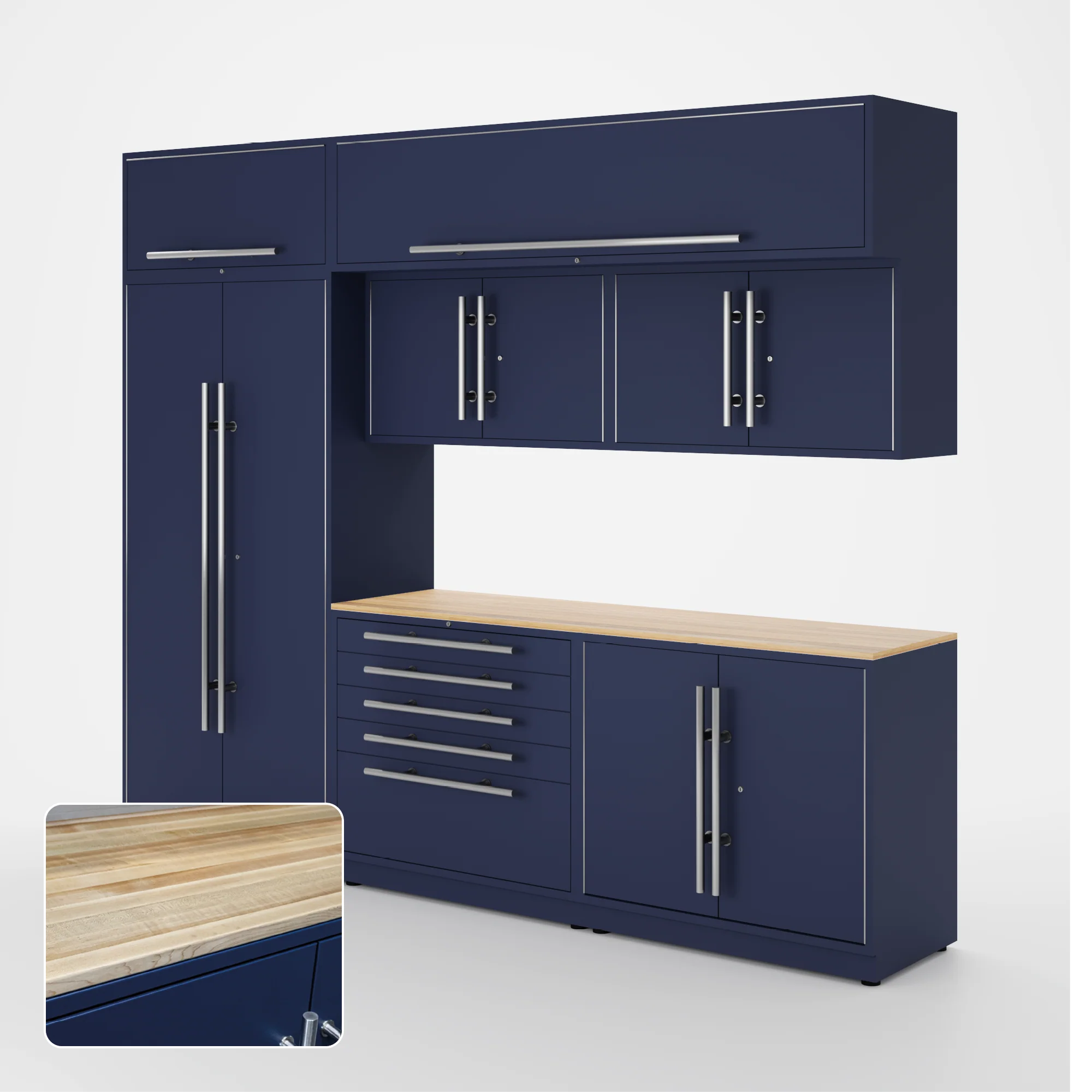 Proslat Lux Cabinets Blue 8 Piece Set with Maple Wood Worktop - LUXSET100871