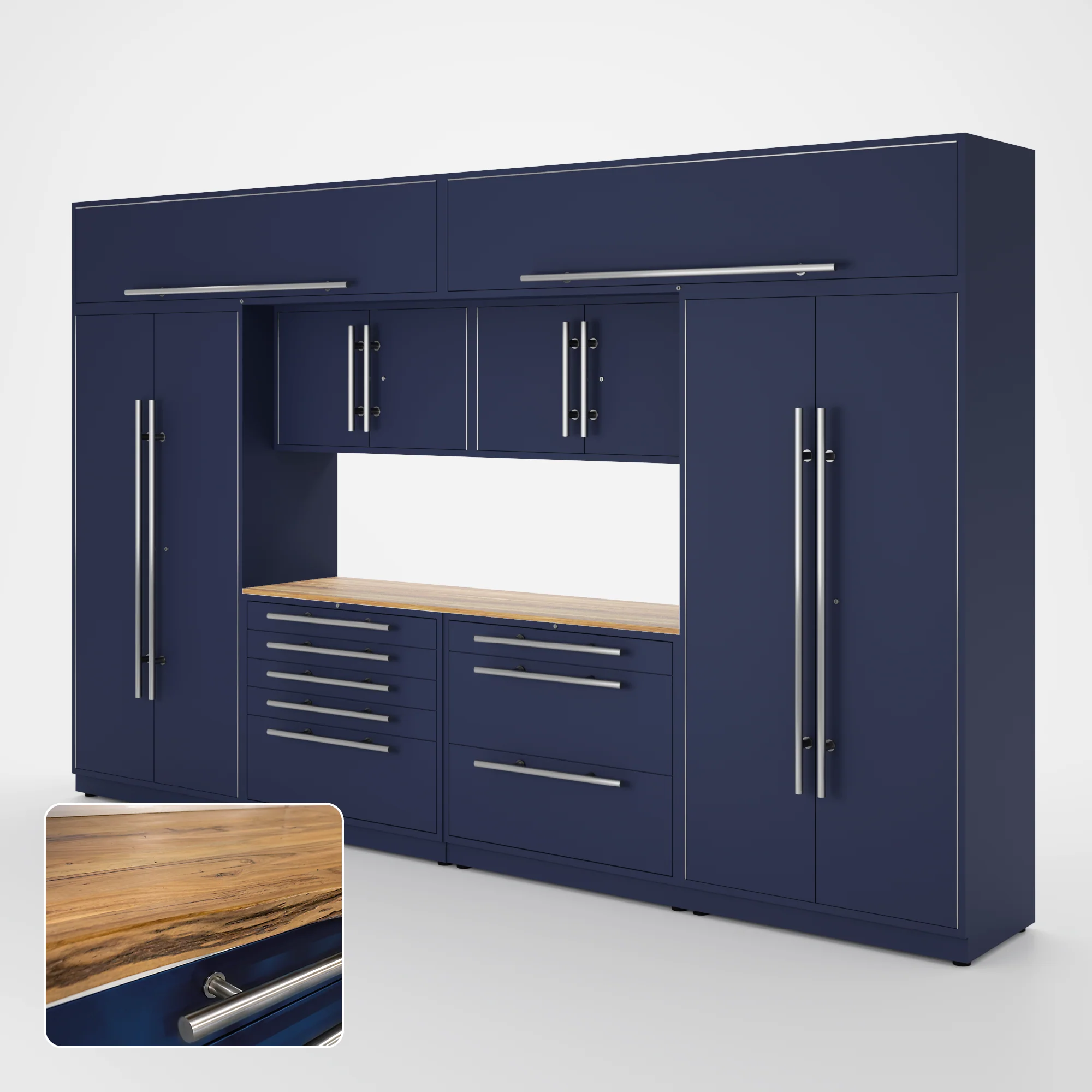 Proslat Lux Cabinets Blue 9 Piece Set with Live Edge Wood Worktop - LUXSET130771