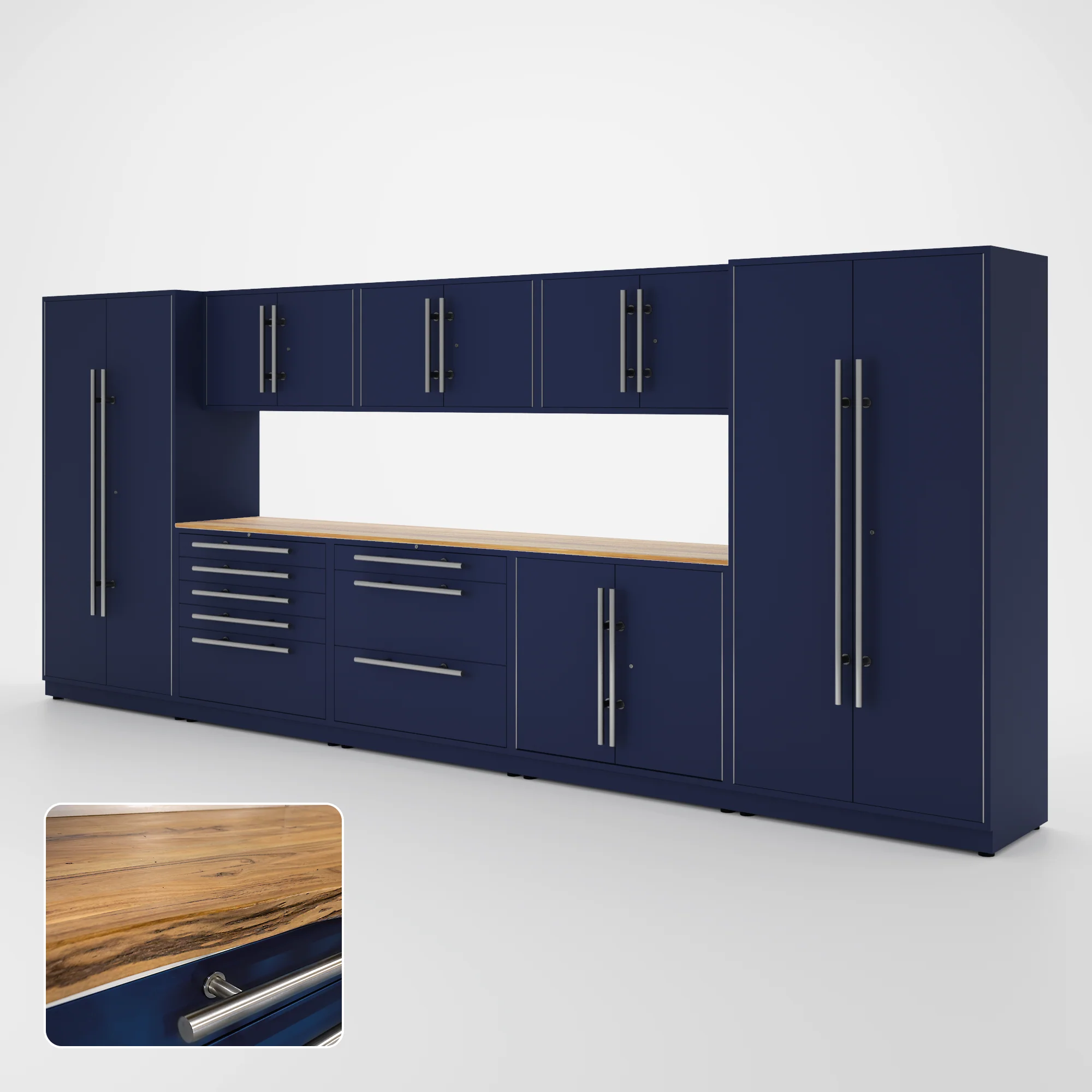Proslat Lux Cabinets Blue 9 Piece Set with Live Edge Wood Worktop - LUXSET160741