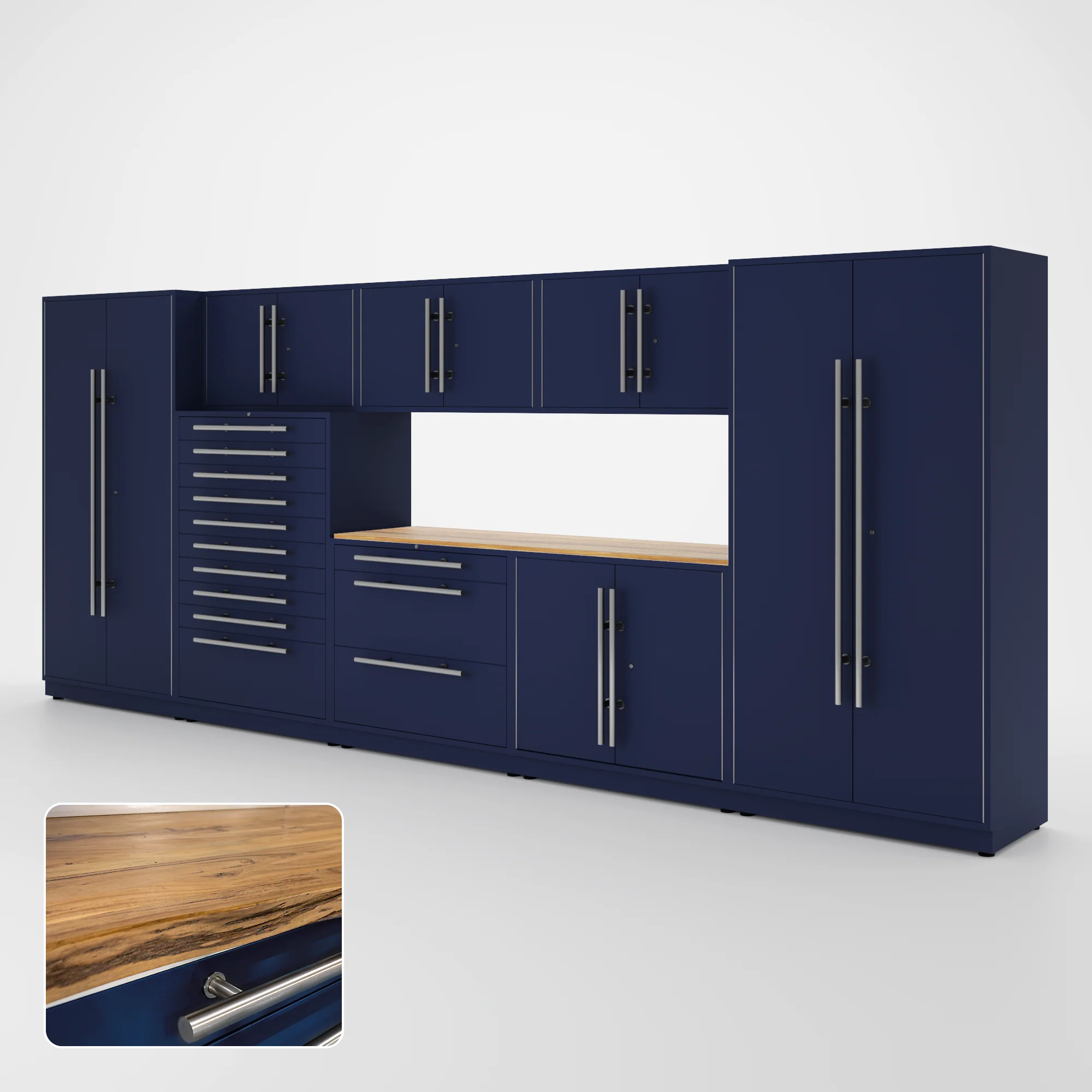 Proslat Lux Cabinets Blue 9 Piece Set with Live Edge Wood Worktop - LUXSET160761
