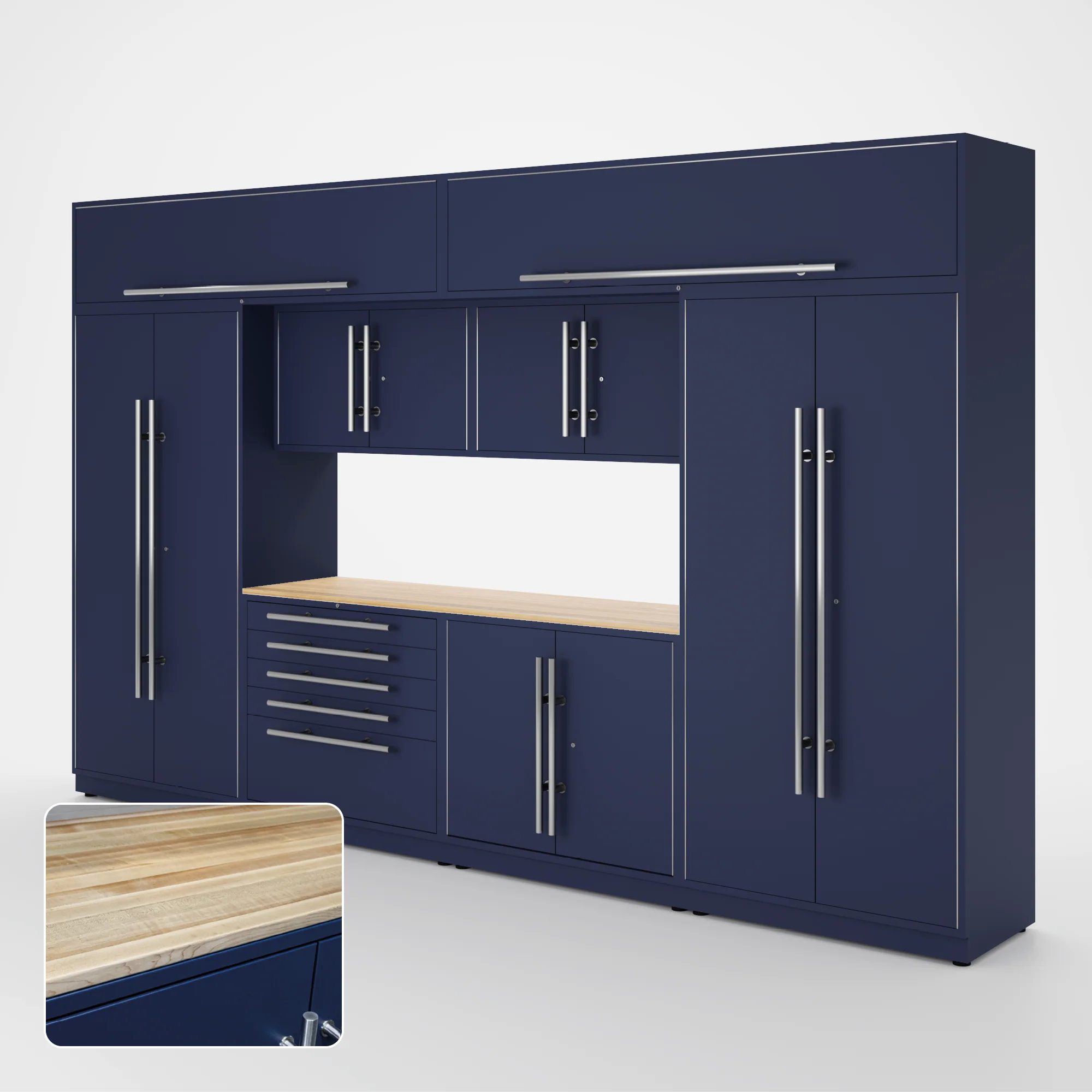 Proslat Lux Cabinets Blue 9 Piece Set with Maple Wood Worktop - LUXSET130871