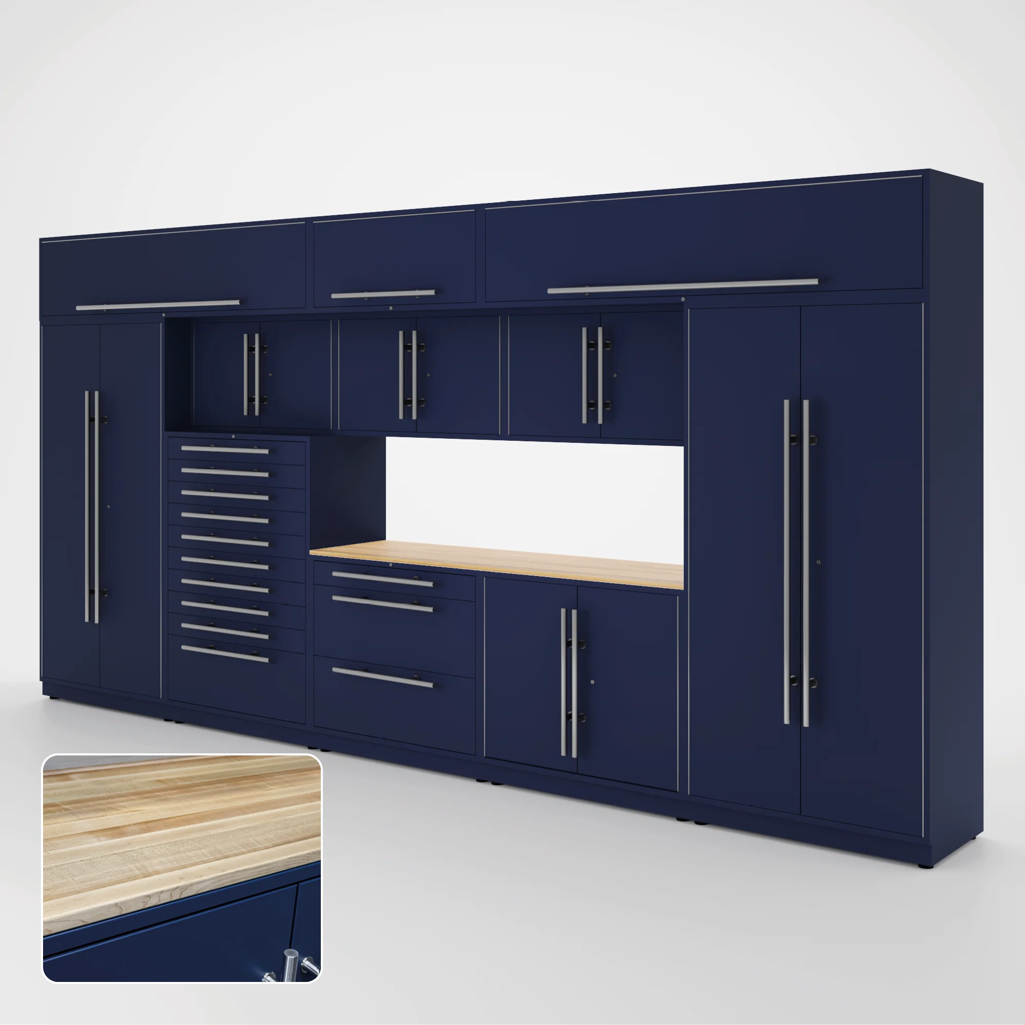 Proslat Lux Cabinets Blue 9 Piece Set with Maple Wood Worktop - LUXSET160881