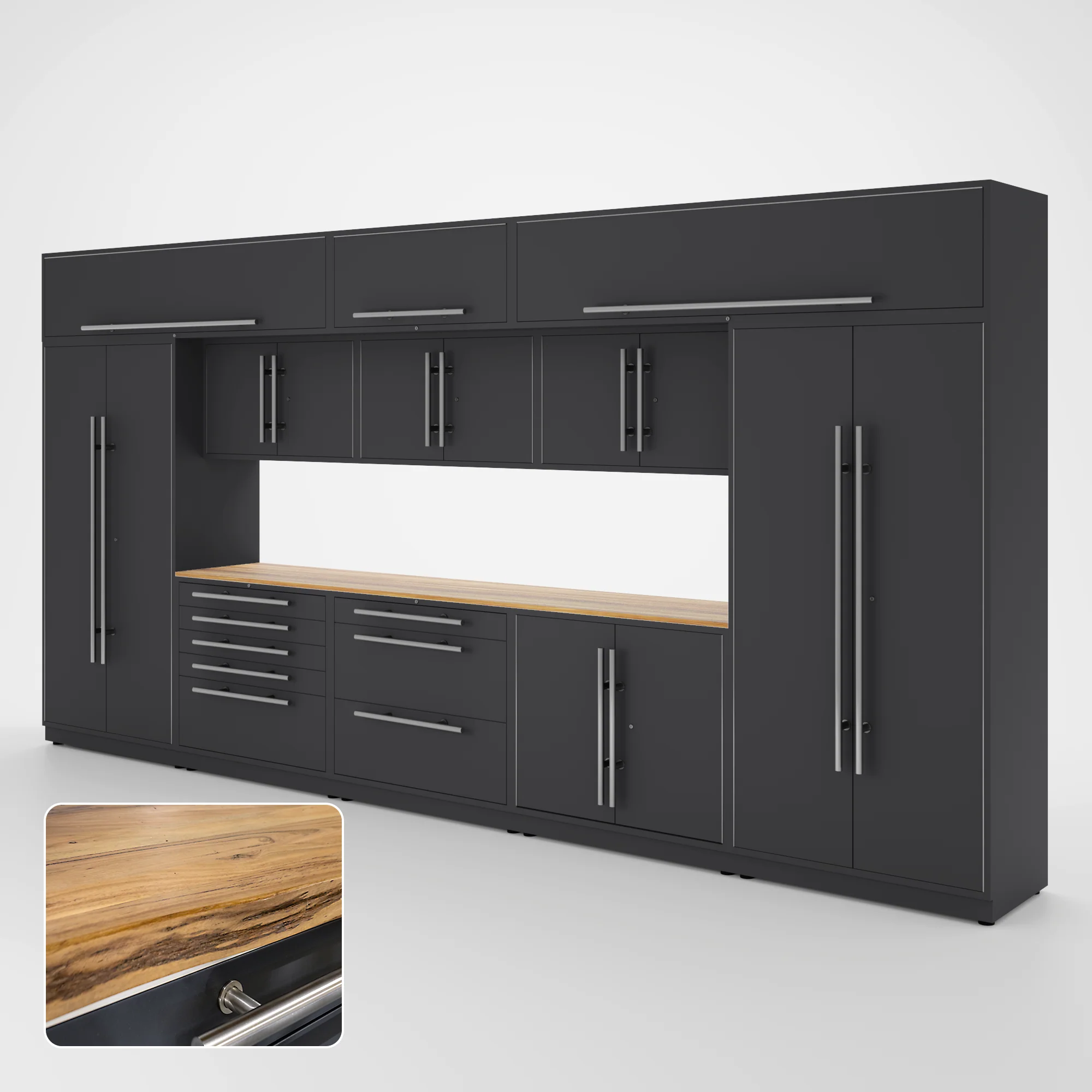 Proslat Lux Cabinets Gray 12 Piece Set with Live Edge Wood Worktop - LUXSET160391